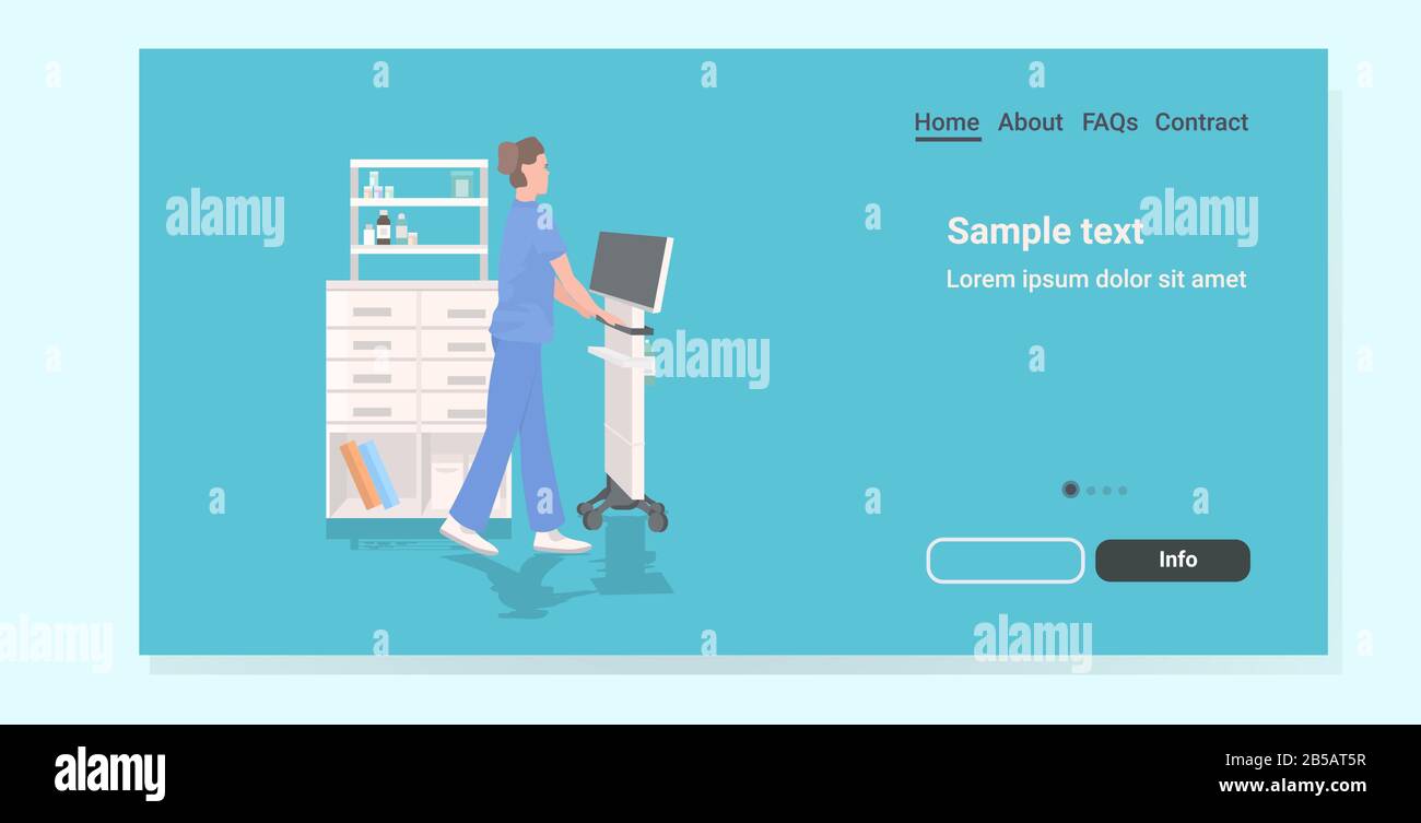 infirmière utilisant le médecin de l'équipement médical dans l'uniforme femme de l'hôpital espace de copie pleine longueur illustration vectorielle horizontale Illustration de Vecteur