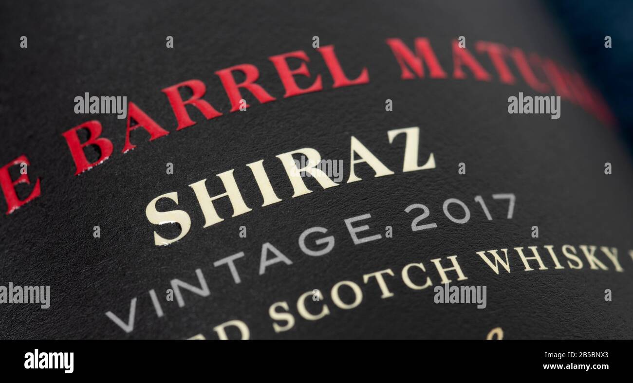 Le Double Barrel A Mûri Shiraz vintage 2017, fini dans les Fûts de whisky écossais vieillis, Barossa Valley, Australie, label de vin. Crédit: Alcolm Park/Alay. Banque D'Images