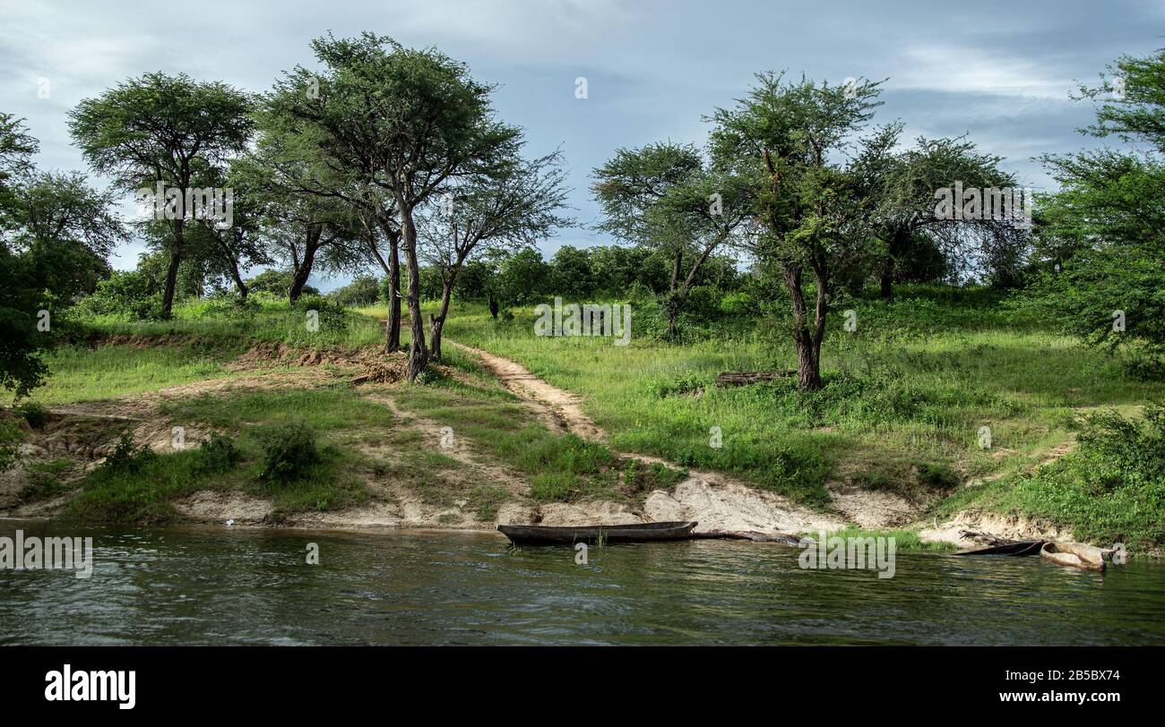 Un Makoro, le canot creusé sur la rivière Okavango, amarré par un chemin menant à un village d'Ovambo. Banque D'Images