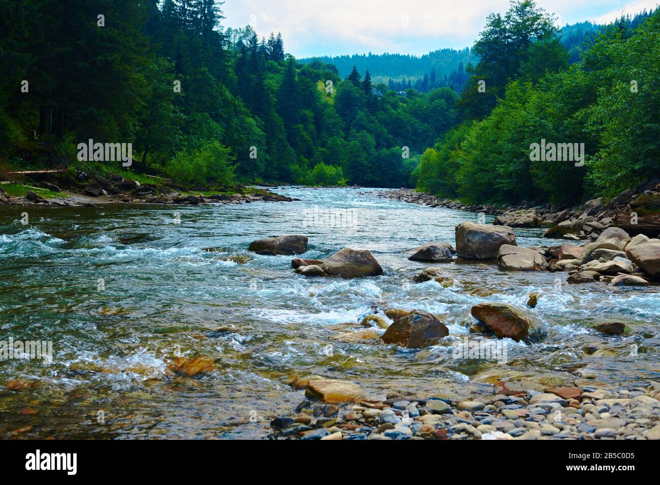 paysage, belle vue sur la rivière de montagne en été, eau et rochers à écoulement rapide, nature sauvage Banque D'Images