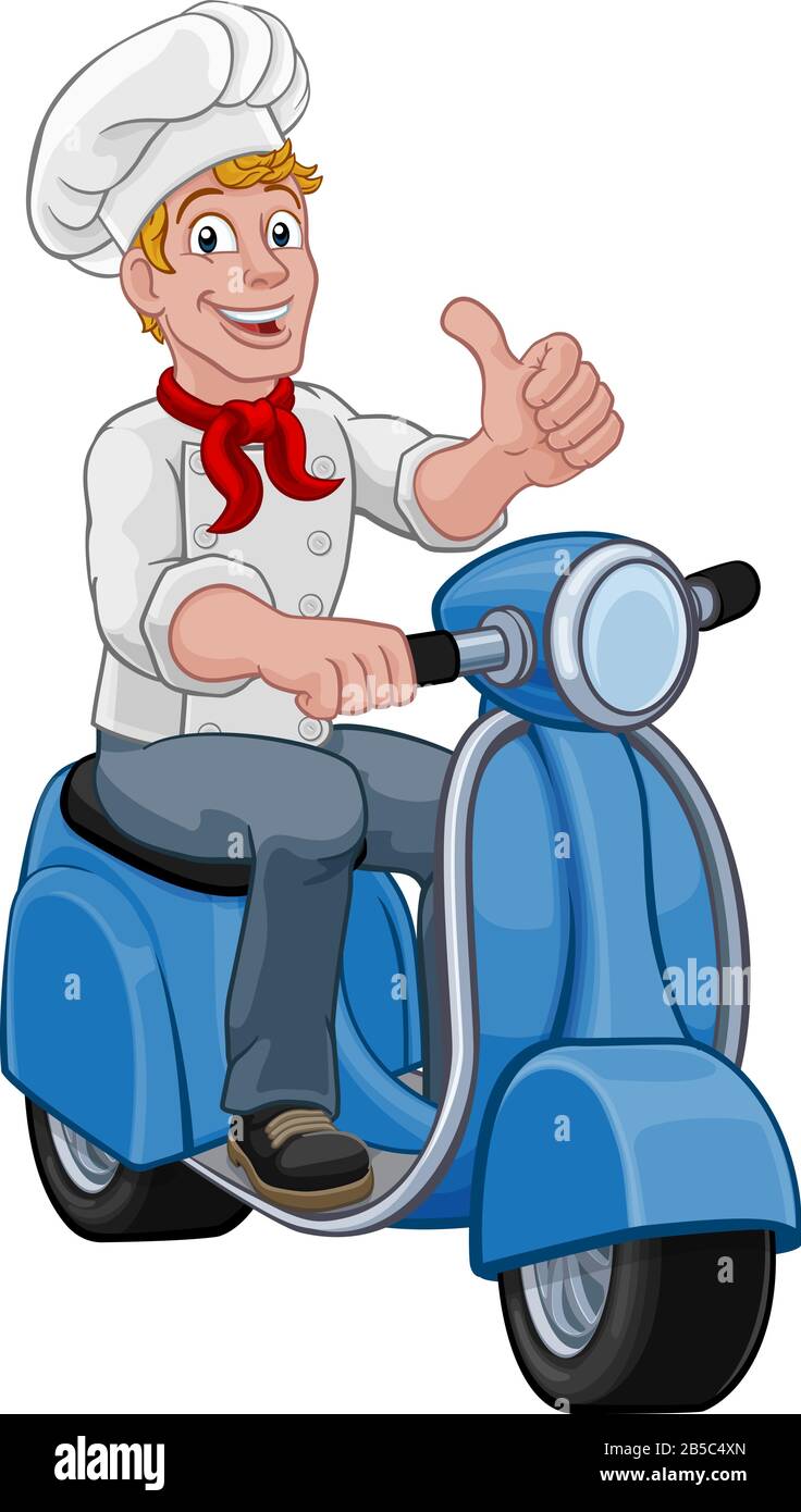 Le Chef Moped Scooter Food Delivery Man Cartoon Illustration de Vecteur