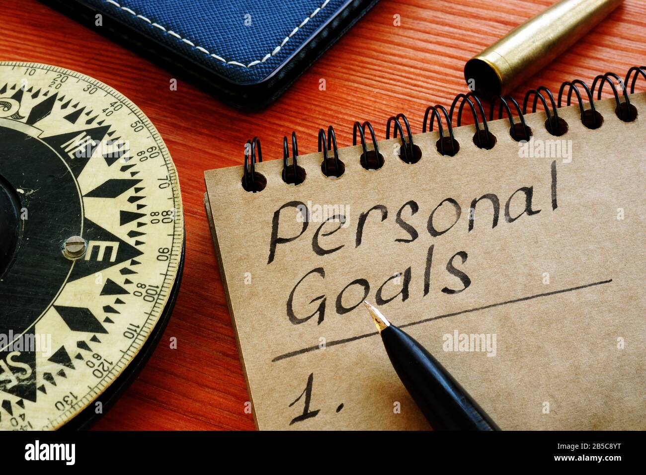 Liste d'objectifs personnels avec compas rétro. Banque D'Images