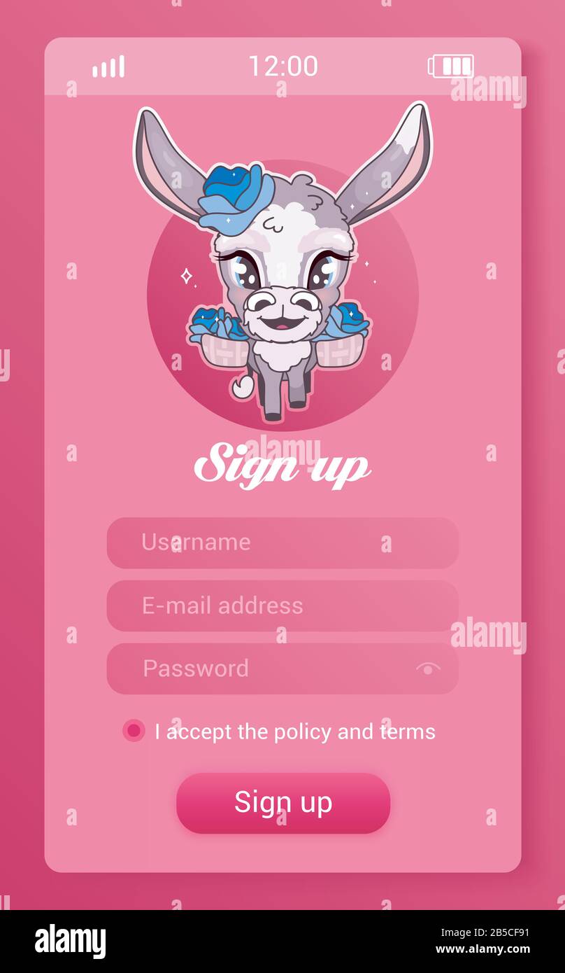 Écran d'application mobile pour enfants Donkey avec personnage de caricature kawaii. Inscrivez-vous, créez un compte smartphone jeu de petites filles, applications de médias sociaux maquette. Utilisateur Illustration de Vecteur