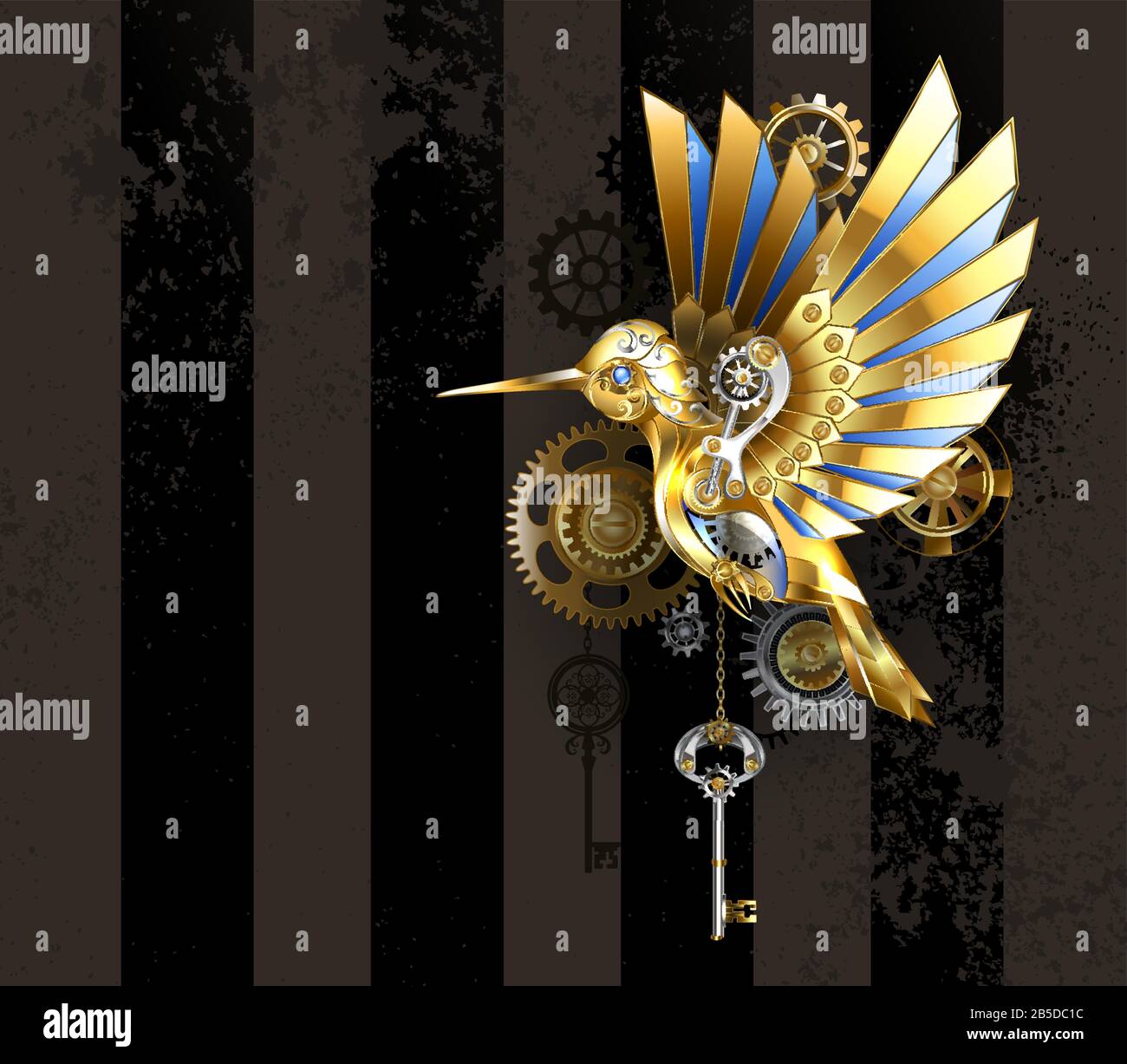 Steampunk, ancien, doré, colibri mécanique avec engrenages en laiton et clé en argent sur fond rayé et marron. Oiseau d'or. Illustration de Vecteur