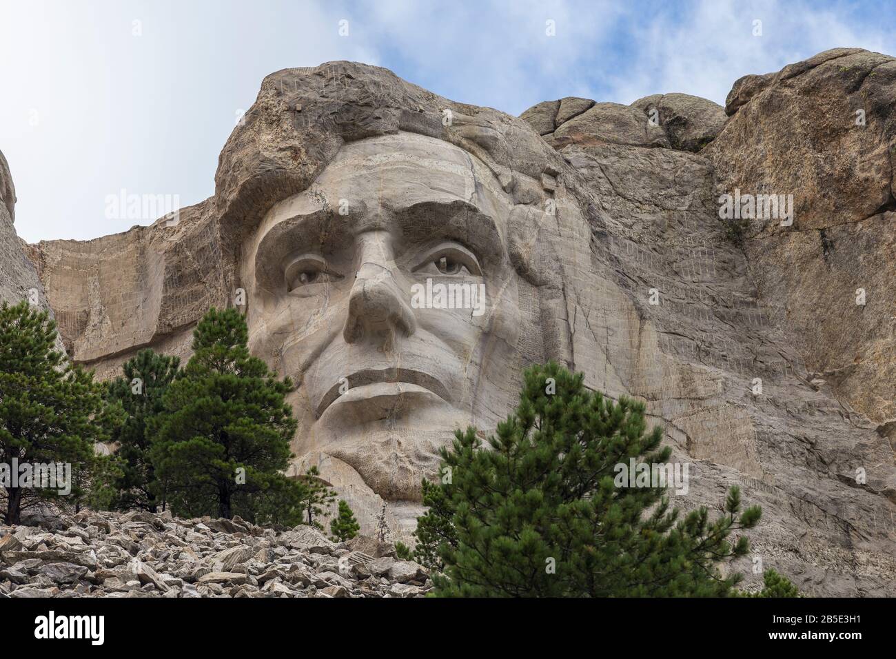 Le visage d'Abraham Lincoln sculpté dans la roche au Mt. Rushmore Dans Le Dakota Du Sud. Banque D'Images