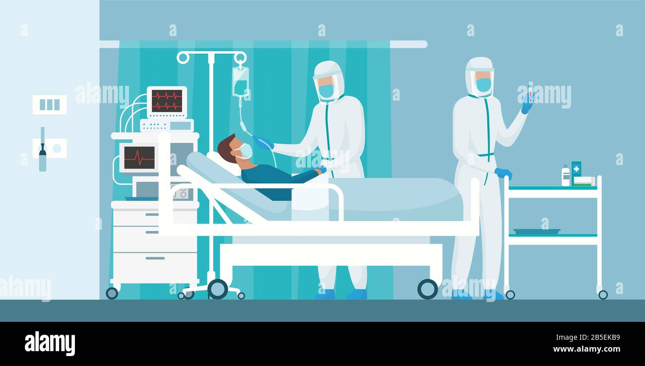 Des médecins experts portant des costumes de protection et aidant un patient atteint de coronavirus allongé dans un lit d'hôpital, concept d'éclosion de virus Illustration de Vecteur