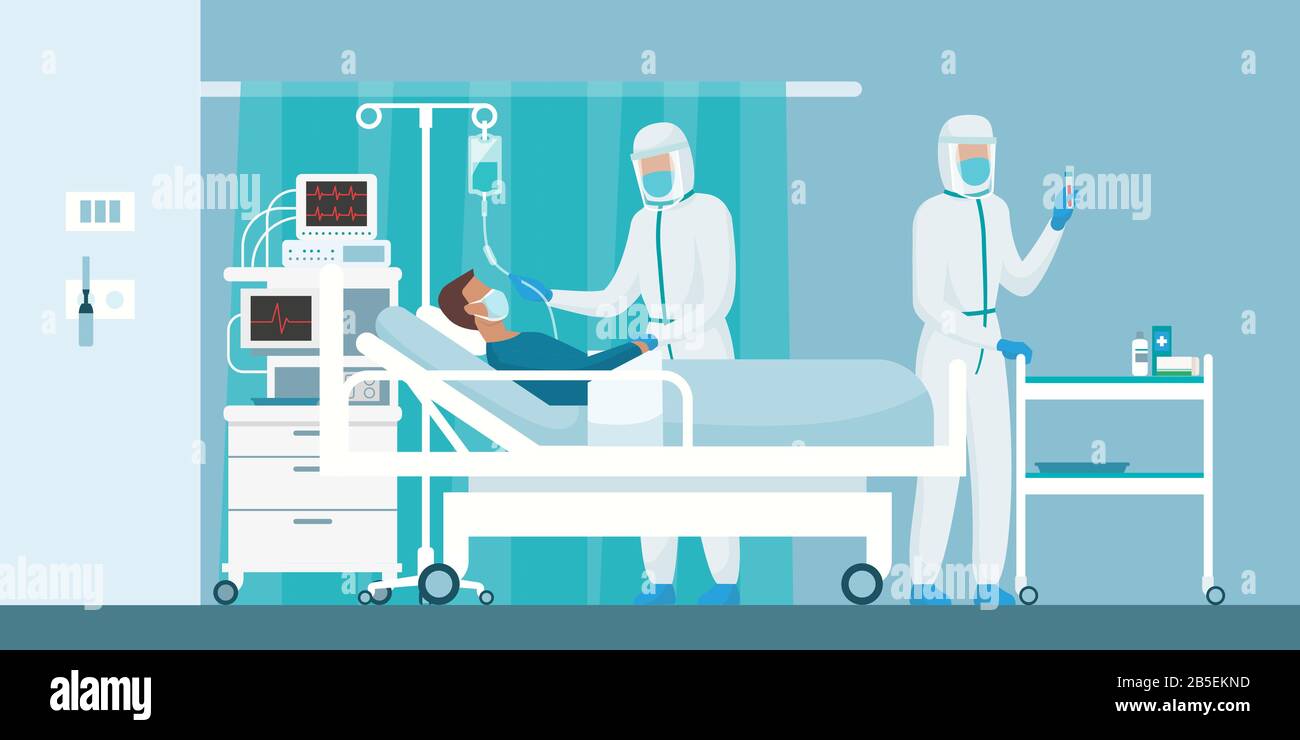 Des médecins experts portant des costumes de protection et soignant un patient avec du coronavirus allongé dans un lit d'hôpital, concept d'éclosion de virus Illustration de Vecteur