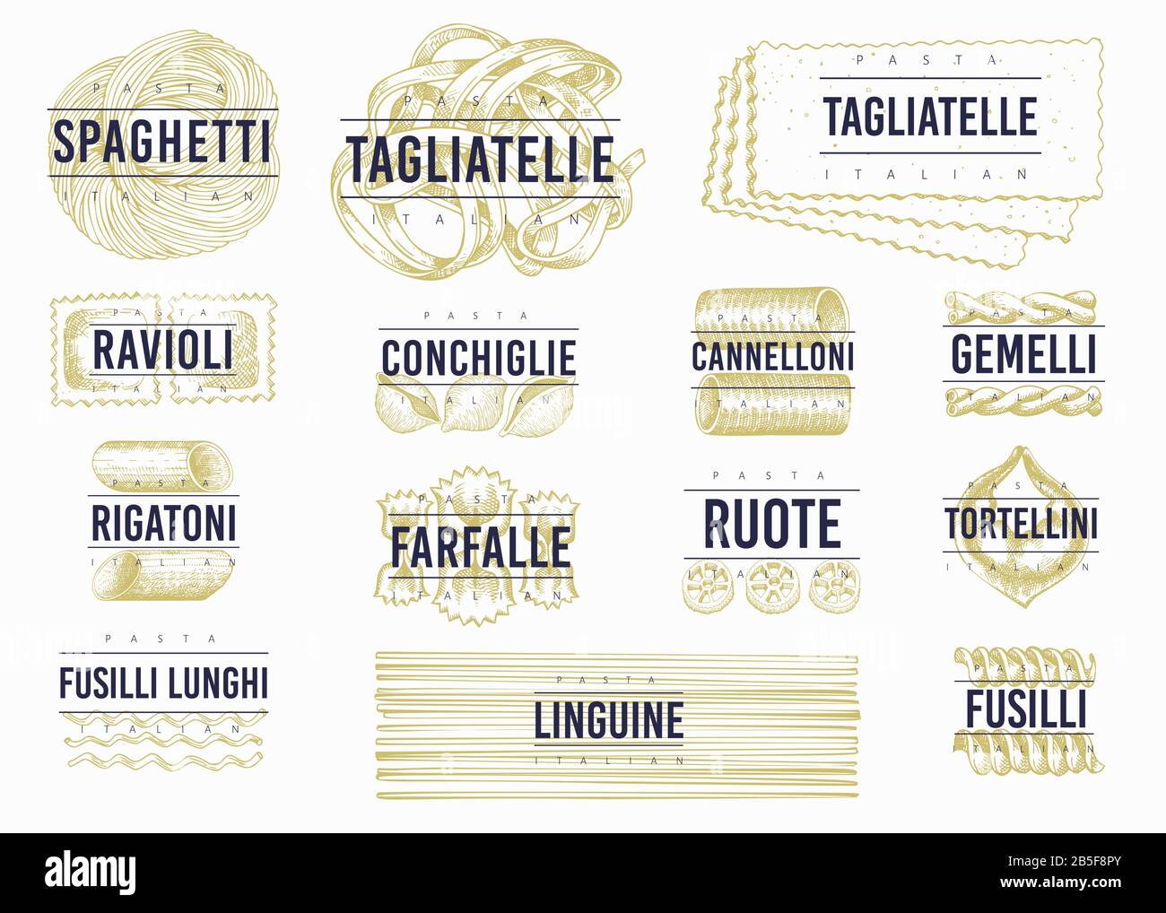 Jeu de modèles d'étiquettes de pâtes italiennes. Illustration de la nourriture vectorielle dessinée à la main. Style gravé. Pâtes rétro différentes sortes. Illustration de Vecteur