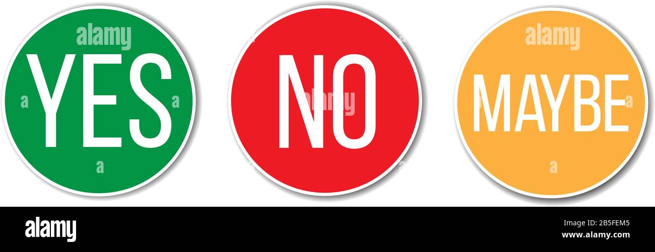 Oui, NON, PEUT-ÊTRE rouge vert jaune gauche texte de mot droit sur les boutons ronds de vote circulaires signes pour sondage ou évaluation dans un fond blanc transparent vide Illustration de Vecteur