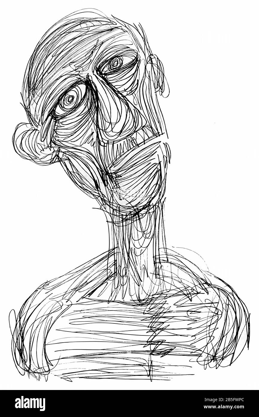 Dessin D'Encre (Esquisse, Travail De Hachures) D'Une Face Expressive (Ancien Homme) Dans Un Style Unique Texturé. Illustration du manuel artistique tournée vers Vector. Illustration de Vecteur