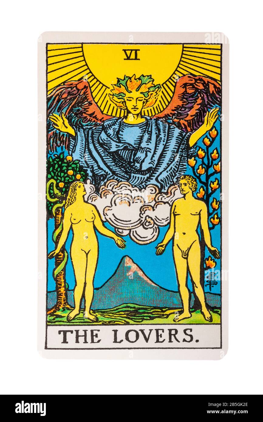 Les Amoureux tarot carte des Rider Tarot cartes conçu par Pamela Colman Smith sous la supervision d'Arthur Edward Waite isolé sur fond blanc Banque D'Images