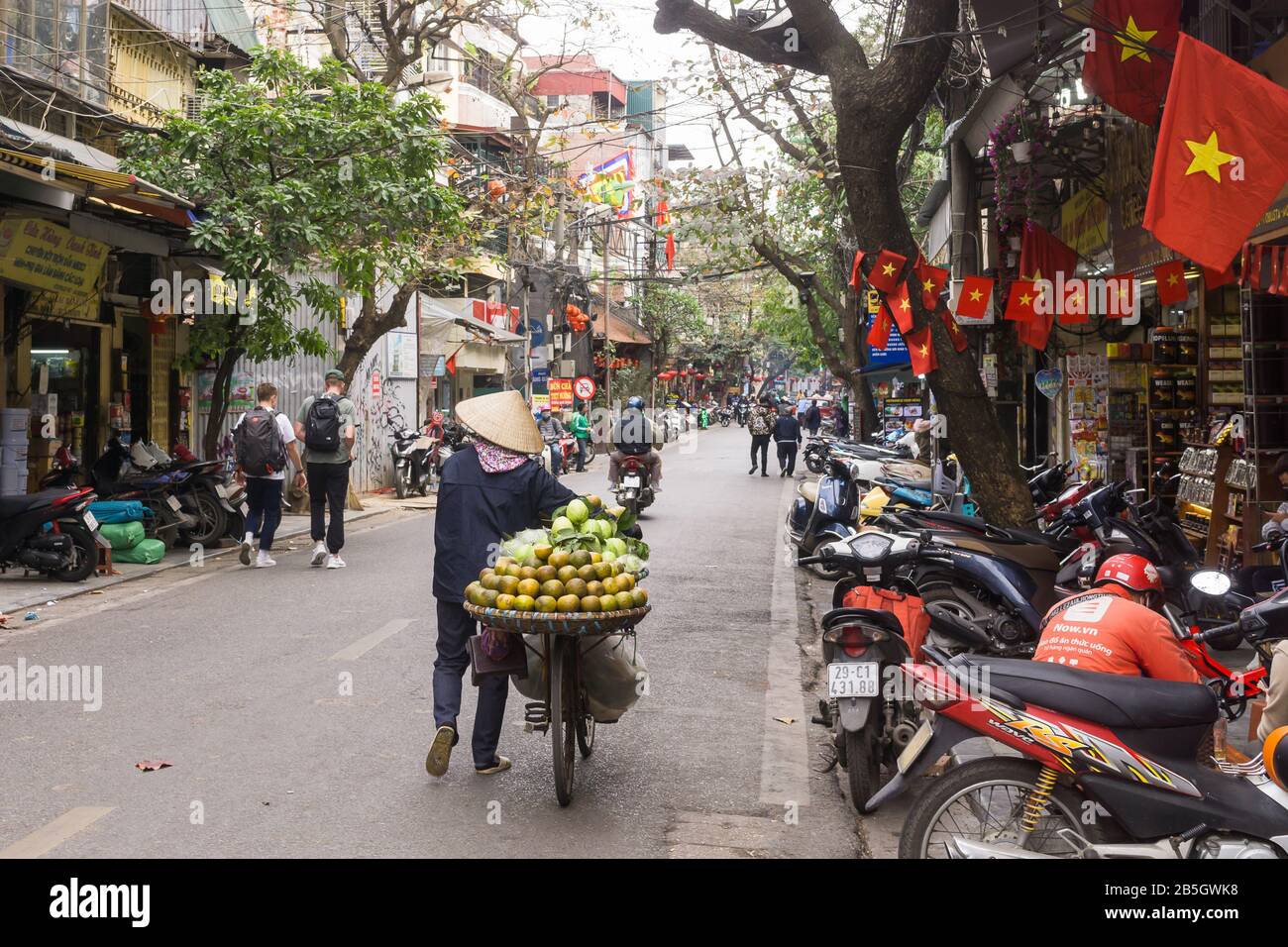 Vendeur de rue de Hanoi - une scène de rue dans le vieux quartier de Hanoi, vendeur de rue de fruits poussant la bicyclette. Vietnam, Asie du Sud-est. Banque D'Images