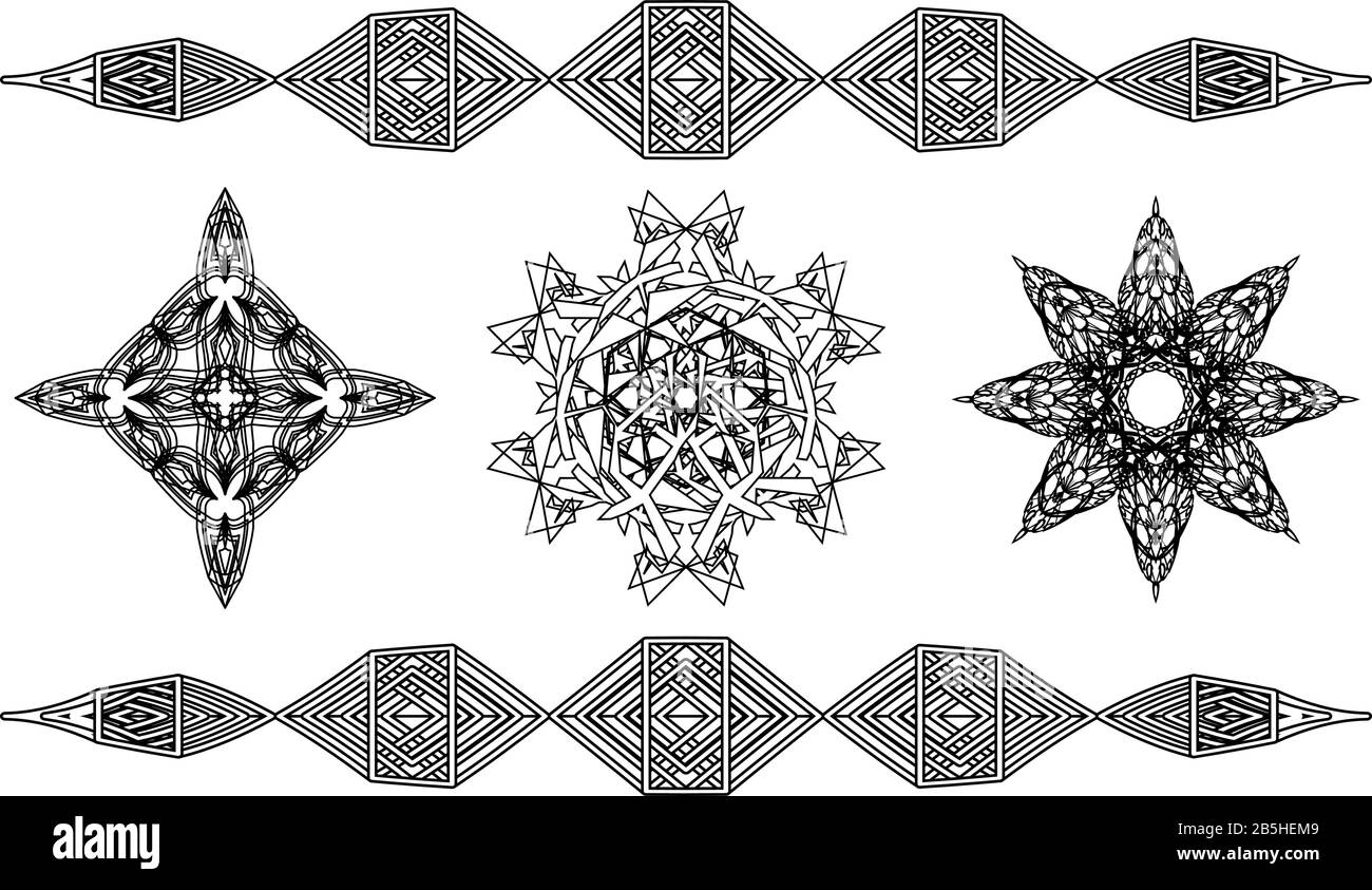 Ensemble de trois symboles de contour dans le style ancien : croix, mandala géométrique et fleur Illustration de Vecteur