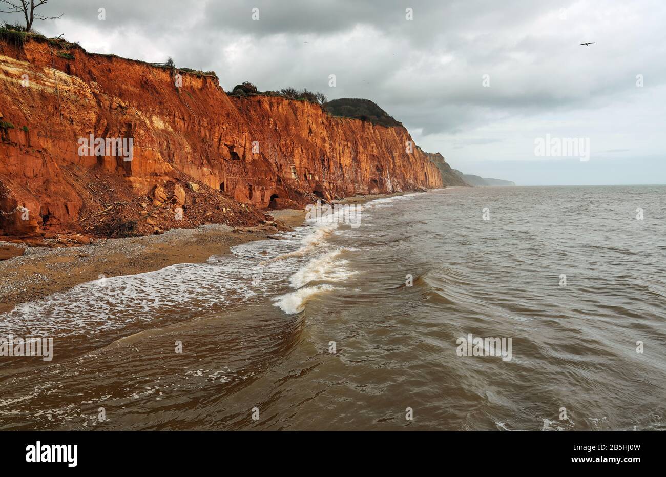 Les vagues se précipitent sous les falaises effondrées de Salcombe Hill à l'est de Sidmouth. La roche rouge sur les falaises est de la période Trias Banque D'Images