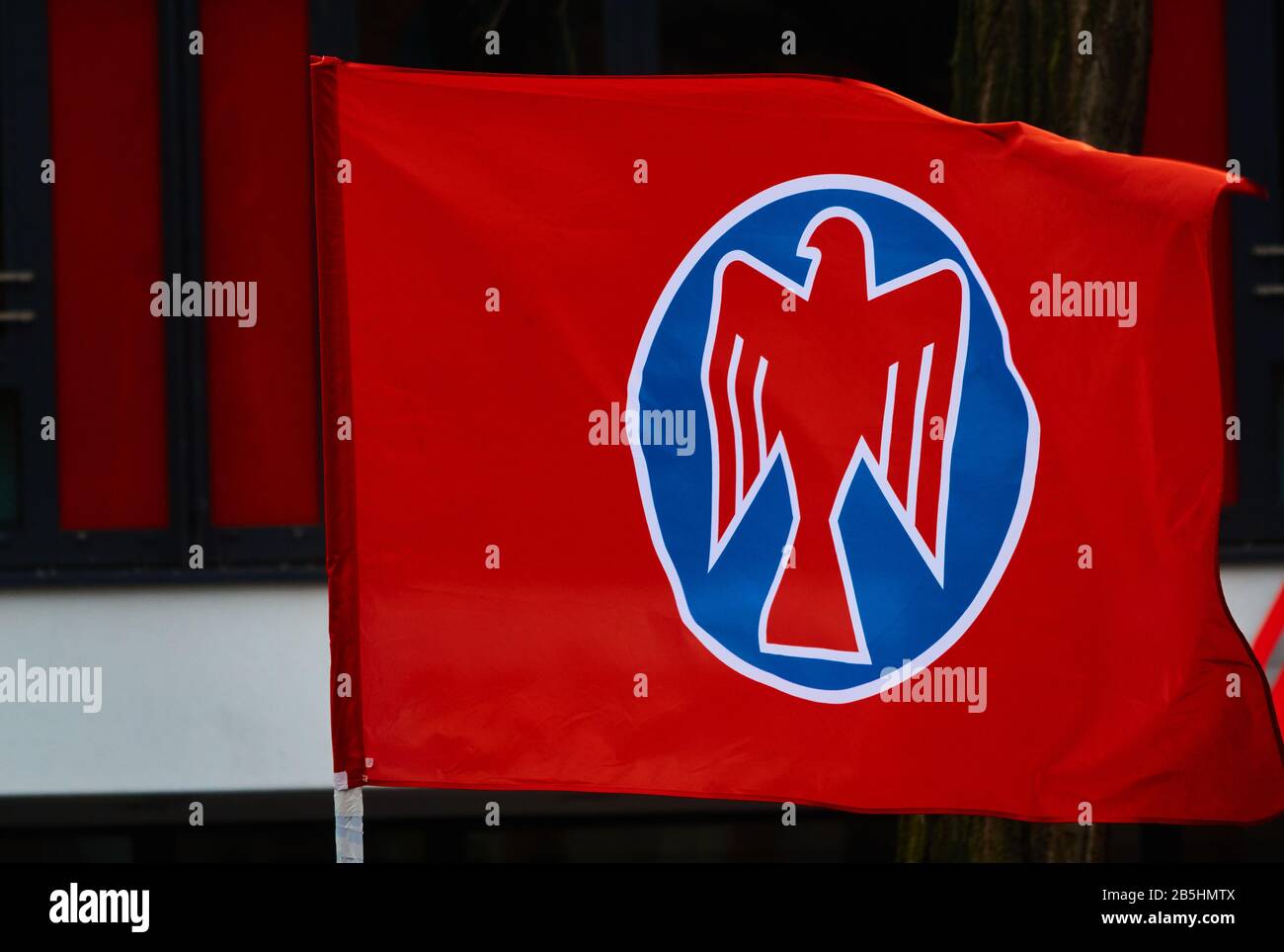 Braunschweig, Allemagne, 8 mars 2020: Journée des femmes 2020, drapeau rouge des Falcons, une organisation socialiste de jeunes à l'occasion de la Journée internationale de la femme Banque D'Images
