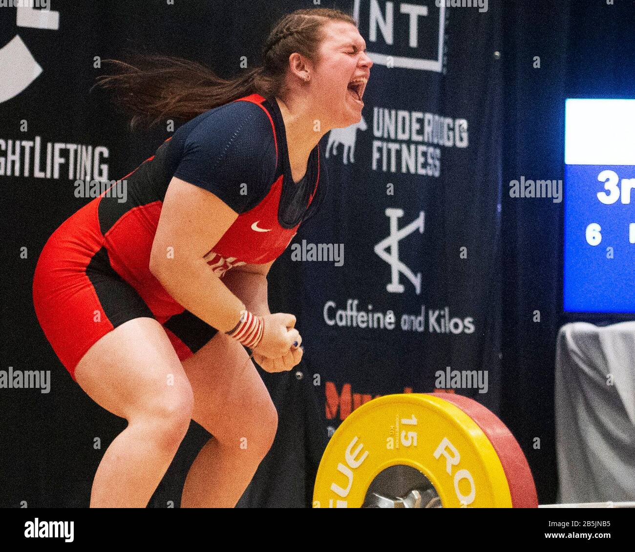 Columbus, Ohio, États-Unis. 8 mars 2020.Juliana Rioto (États-Unis) lève 100 kg dans la snitch dans la classe de 87 kg au IWF Rogue World Challenge dans le Arnold Sports Festival à Columbus, Ohio, États-Unis. Columbus, Ohio, États-Unis. Crédit: Brent Clark/Alay Live News Banque D'Images