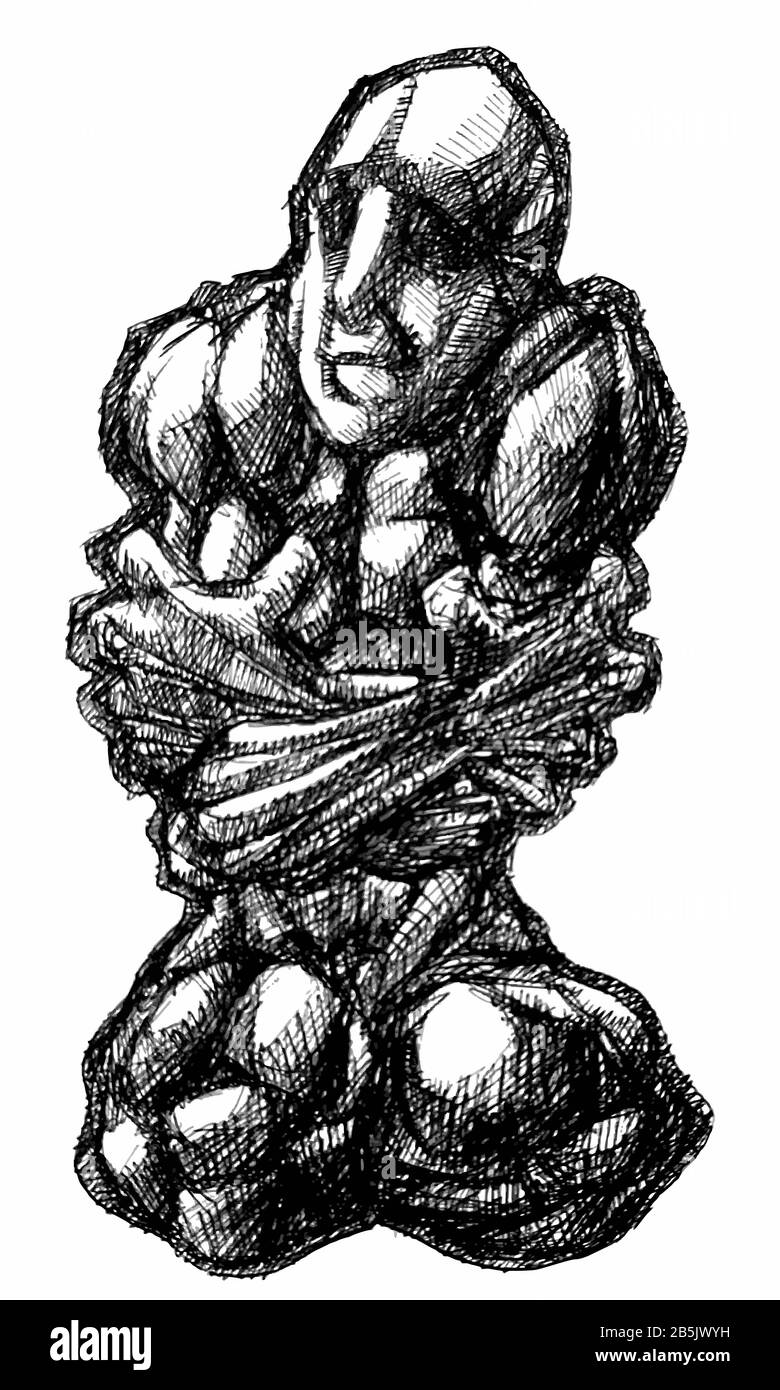 Dessin D'Encre (Travail De Hachures) De Corps Musclé Détaillé Contorqué Dans Un Style Unique Texturé. Illustration Du Manuel Artistique. Douleur Agonie, Dépression Anxiété. Banque D'Images