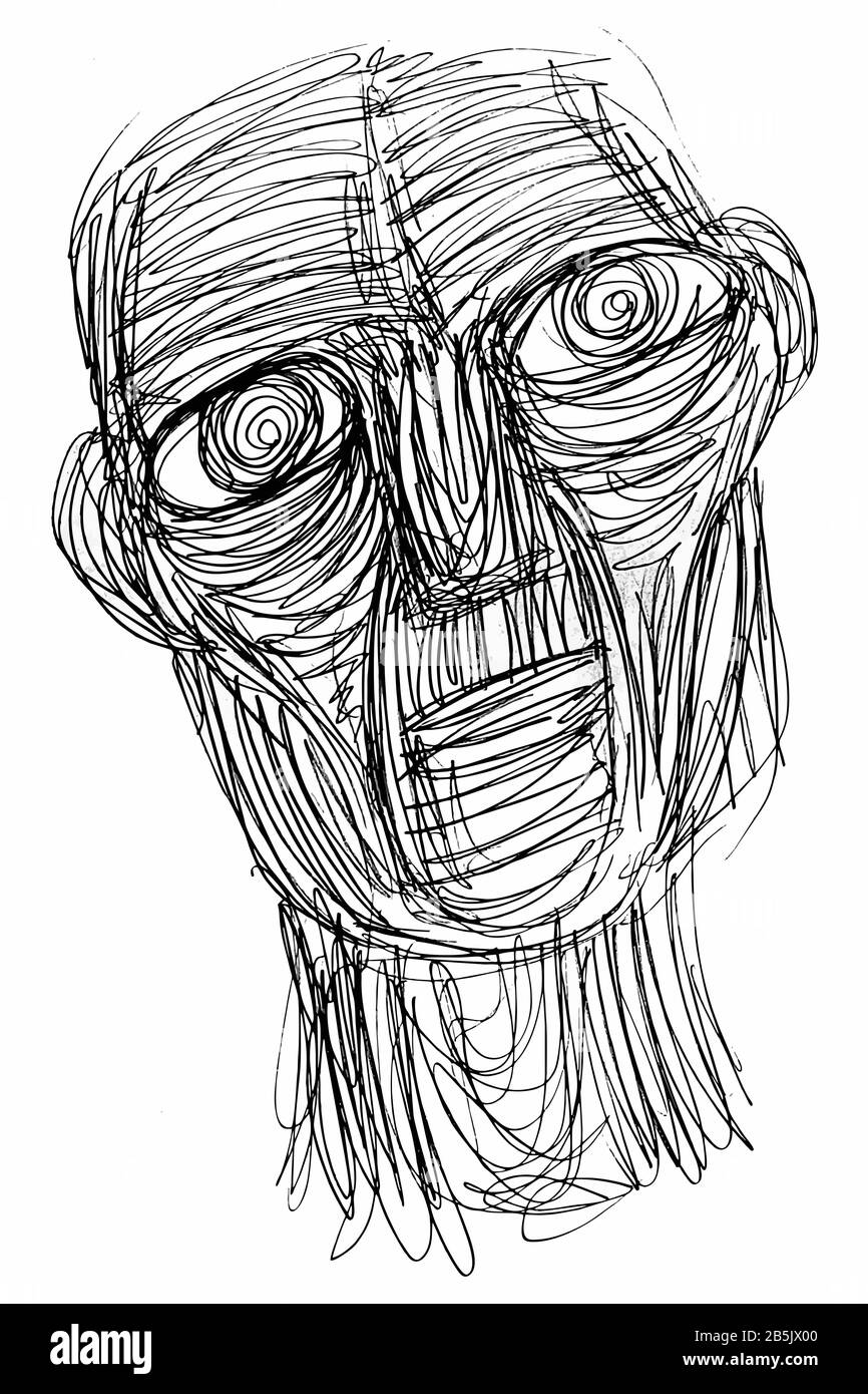 Dessin D'Encre (Esquisse, Travail De Hachures) D'Une Face Expressive (Ancien Homme) Dans Un Style Unique Texturé. Illustration Du Manuel Artistique. Banque D'Images