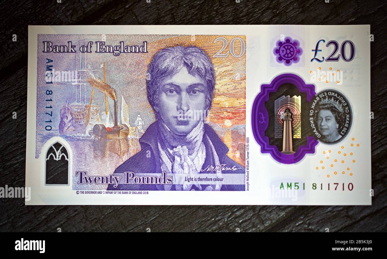 Le polymère 2020 £20 livre note de la Banque d'Angleterre avec l'artiste JMW Turner Banque D'Images