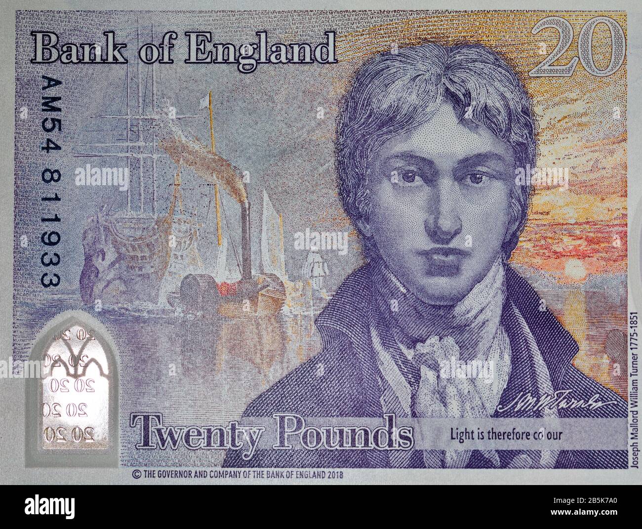 Le polymère 2020 £20 livre note de la Banque d'Angleterre avec l'artiste JMW Turner Banque D'Images