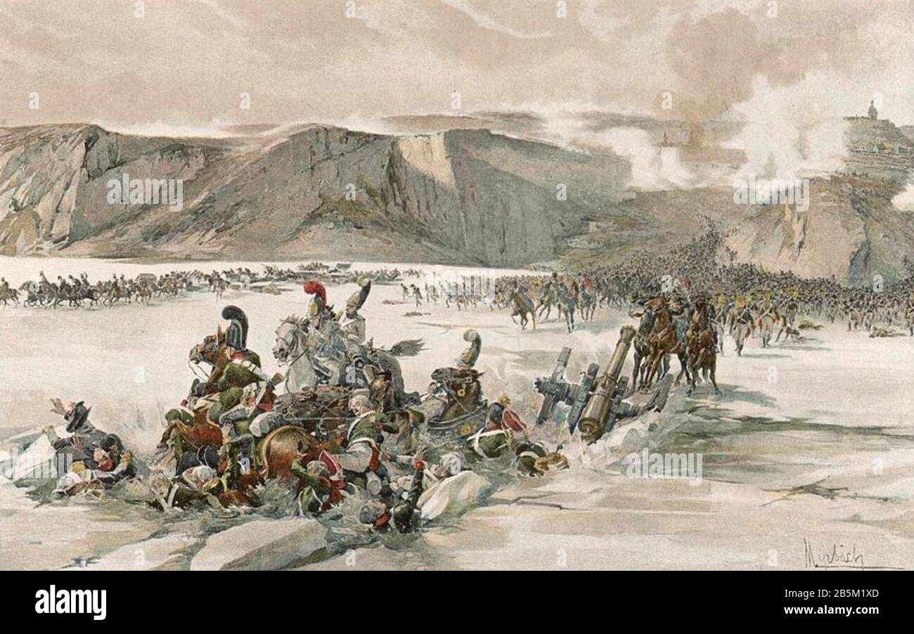 BATAILLE D'AUSTERLITZ 2 DÉCEMBRE 1805. Les forces russes se retirent vers le sud en direction de Vienne et tentent de traverser les étangs gelés du Satsran sous le feu français. Banque D'Images
