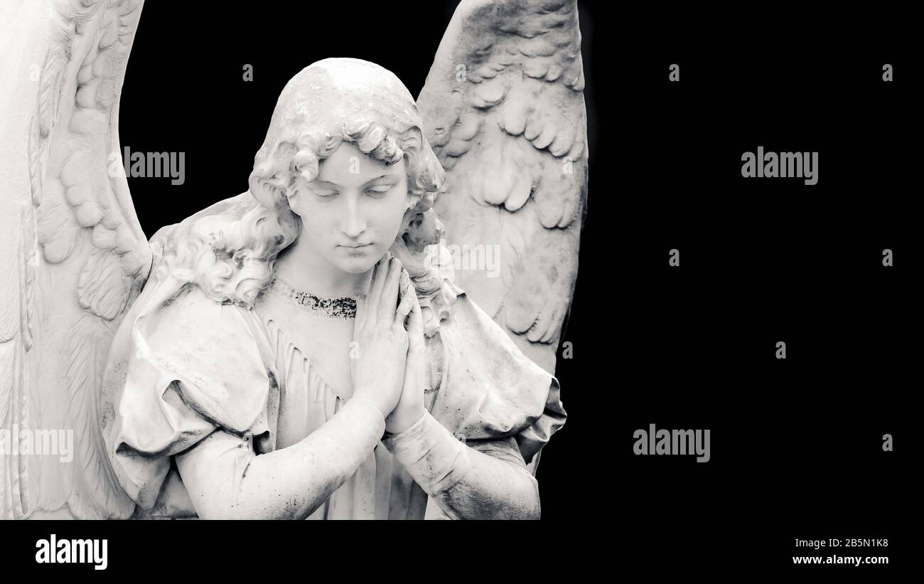 Sculpture d'ange gardien avec ailes ouvertes isolées sur un fond noir de bannière large avec un espace texte vide. Ange blanc triste expression sculpture avec oeil Banque D'Images Sculpture d'ange gardien avec ailes ouvertes isolées sur un fond noir de bannière large avec un espace texte vide. Ange blanc triste expression sculpture avec oeil Banque D'Images