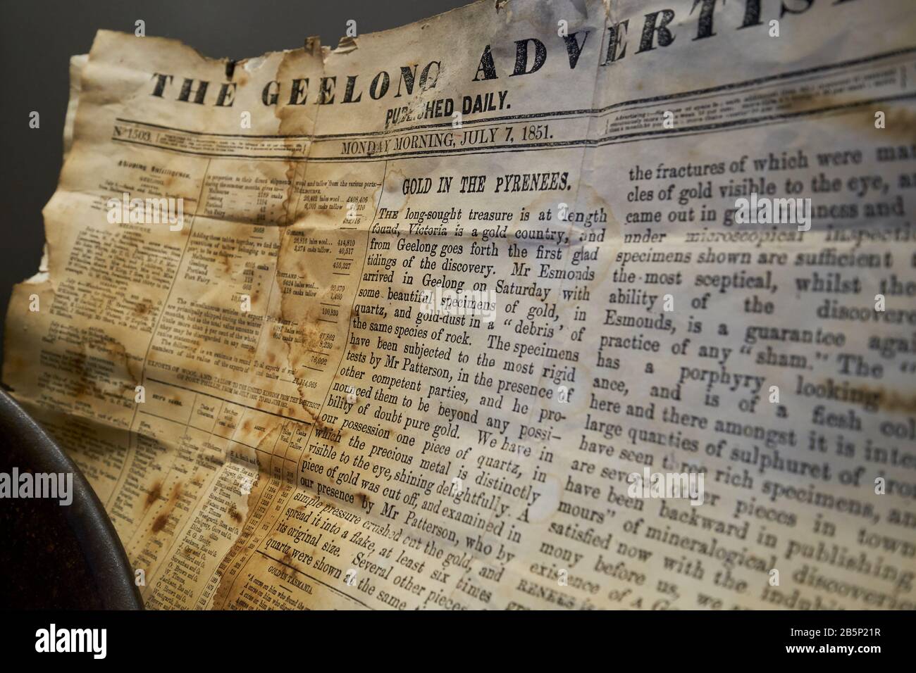 Une coupure de journal annonçant la découverte de l'or. Au Gold Museum De Ballarat, Victoria, Australie. Banque D'Images