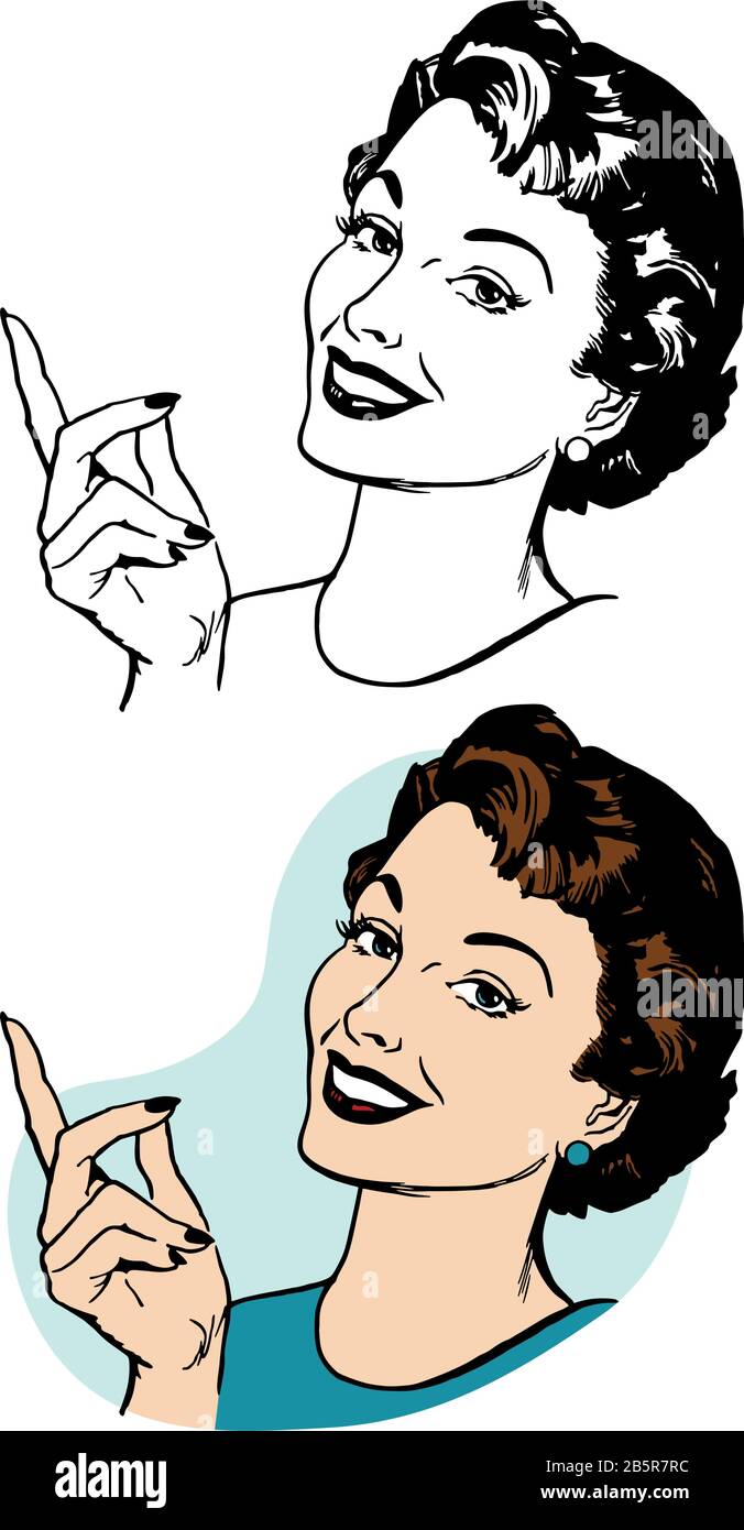 Un dessin animé d'une femme rétro vintage pointant vers la gauche. Illustration de Vecteur