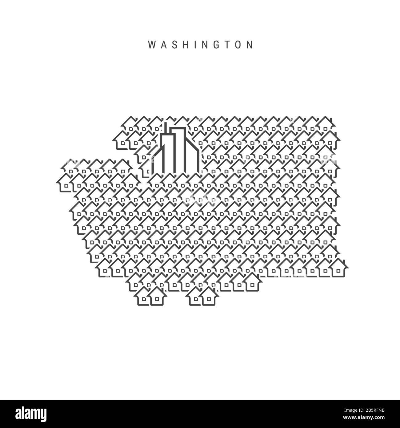 Carte de l'établissement Washington Real Estate. Icônes de maisons en forme de carte de Washington. Concept créatif pour une agence immobilière. Illustration. Banque D'Images