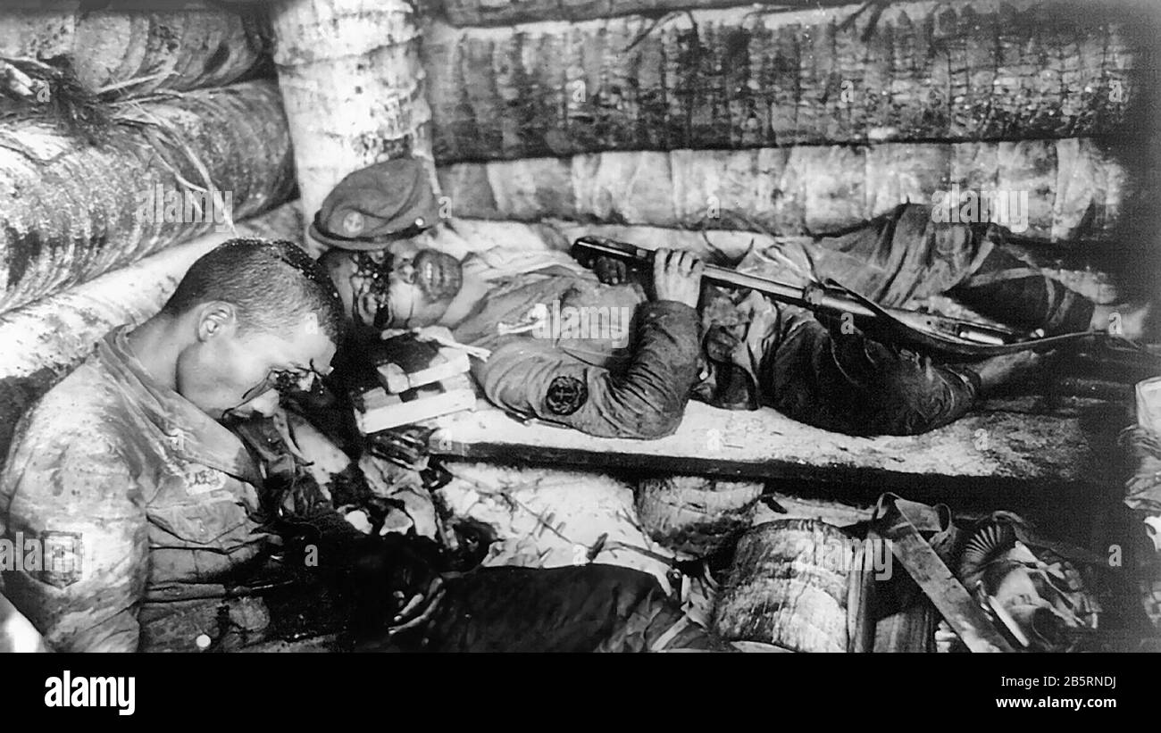 Deux marines impériales japonaises qui se sont suicidées en se faisant tirer plutôt que de se rendre aux marines américaines, Tarawa, aux îles Gilbert du Pacifique, vers 1943 Banque D'Images