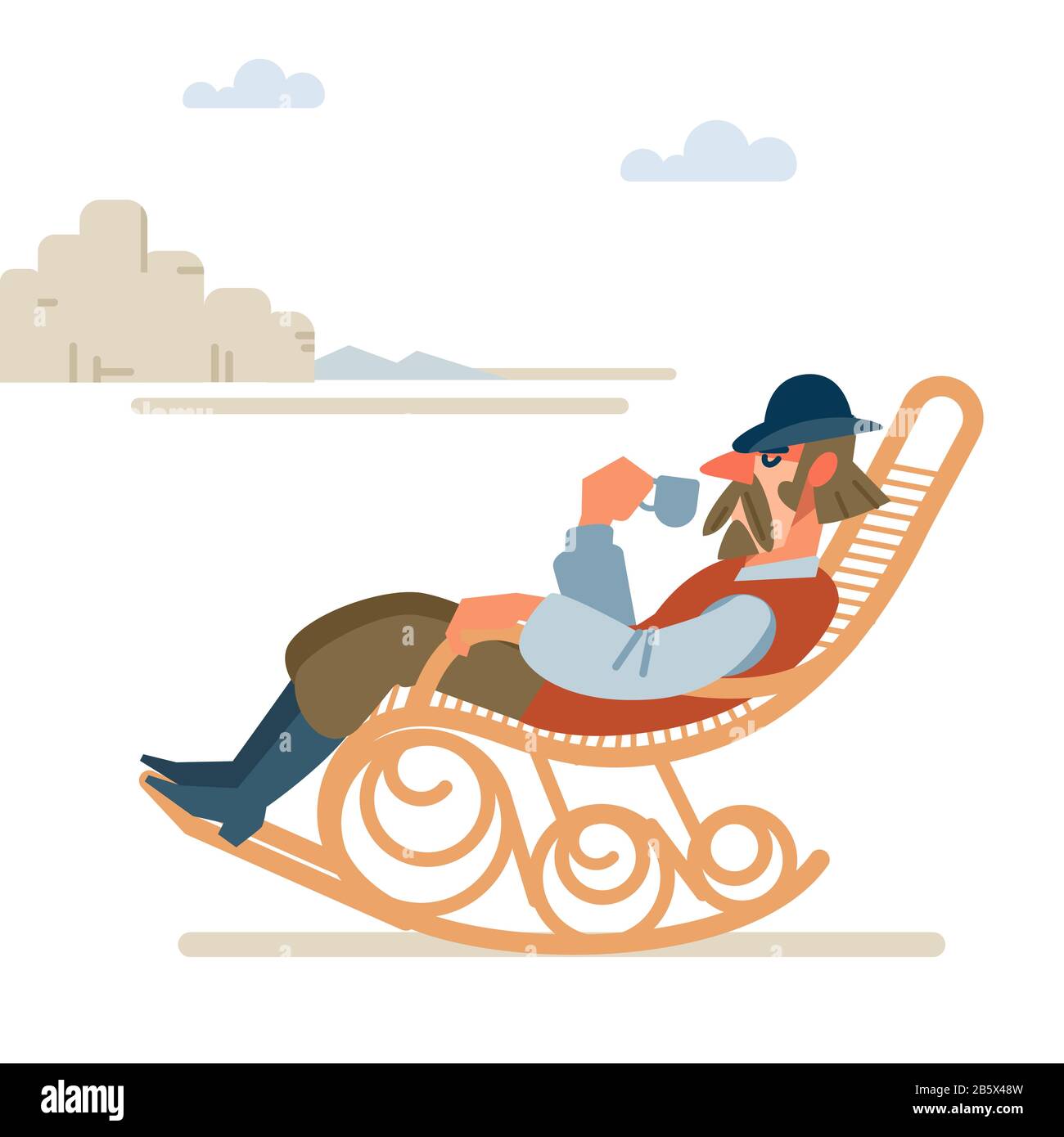 Vieux cowboy réussi reposant avec une tasse de café dans un fauteuil à bascule. Wild West. Illustration vectorielle de dessin animé. Style plat. Isolé sur blanc Illustration de Vecteur