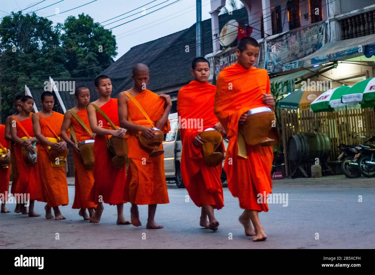Jeunes moines portant des robes de couleur ocre la collecte de l'Aumône (tak bat) à Luang Prabang, Laos. Au petit matin ils stream out du temples et o Banque D'Images