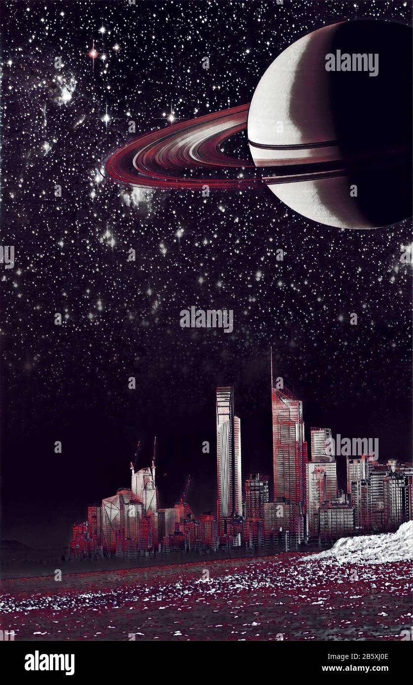 Paysage fantastique pour la couverture de livre - ville moderne sur une dune et brume illustration numérique. Éléments de cette image fournie par la NASA Banque D'Images