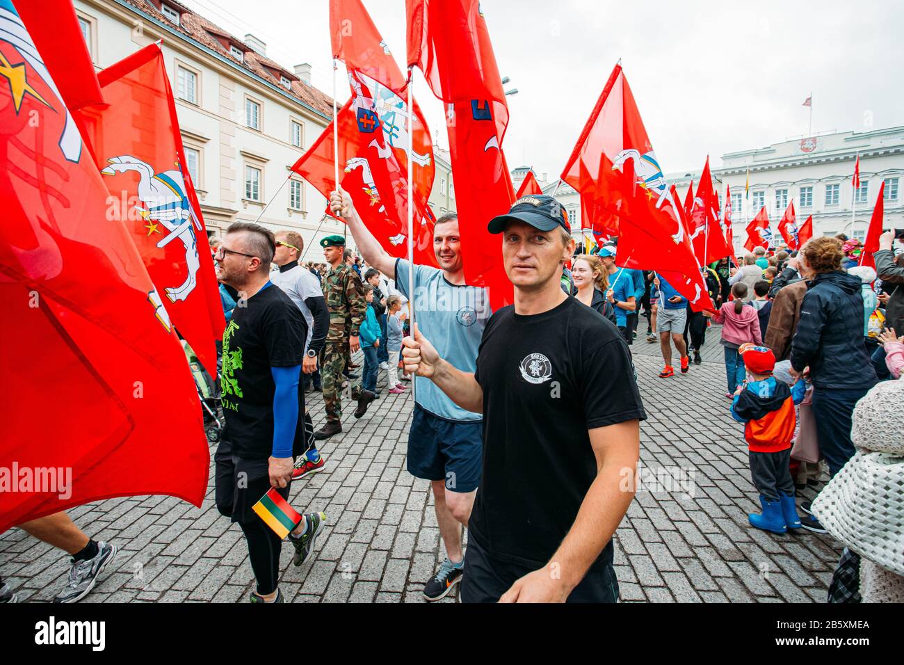 Vilnius, Lituanie. Les Gens Avec Drapeau Prennent Part À La Journée De L'Etat Sur La Place Près Du Palais Présidentiel. Vacances En Commémoration Du Couronnement En 1253 De Minda Banque D'Images