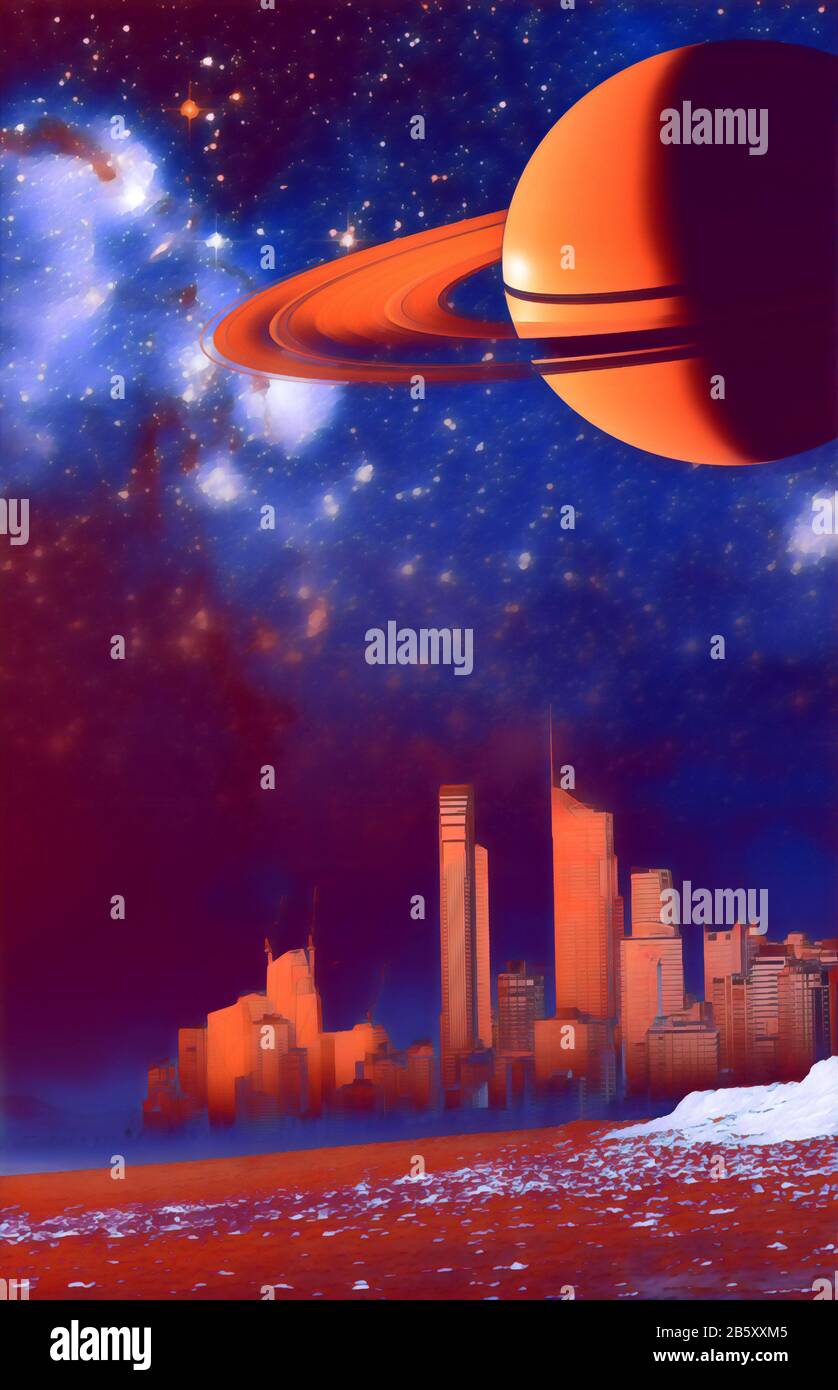 Paysage fantastique pour la couverture de livre - ville moderne sur une dune et brume illustration numérique. Éléments de cette image fournie par la NASA Banque D'Images