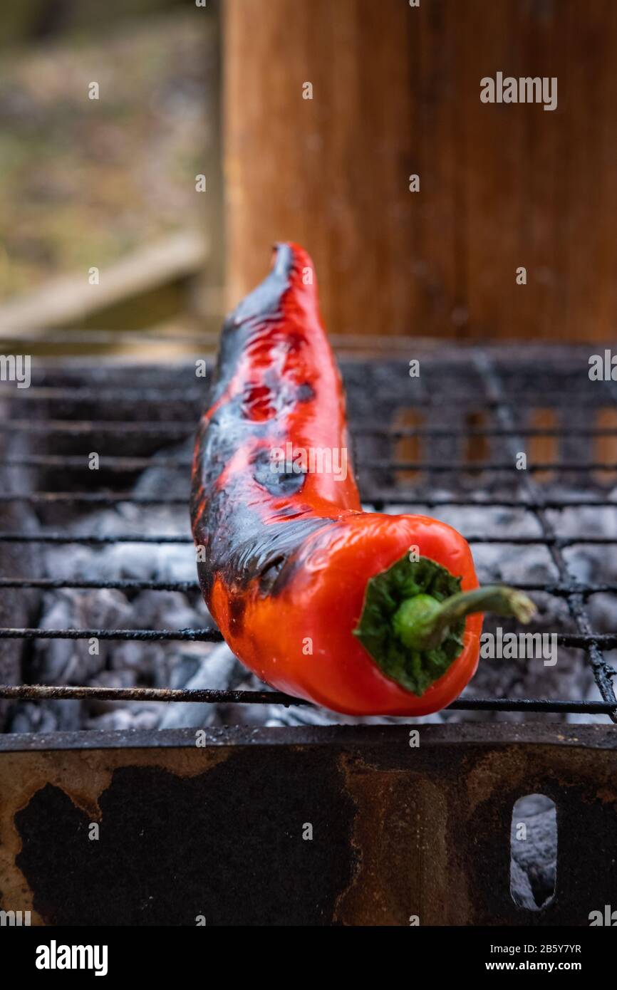 Grillades de piment rouge sur barbecue Banque D'Images Grillades de piment rouge sur barbecue Banque D'Images