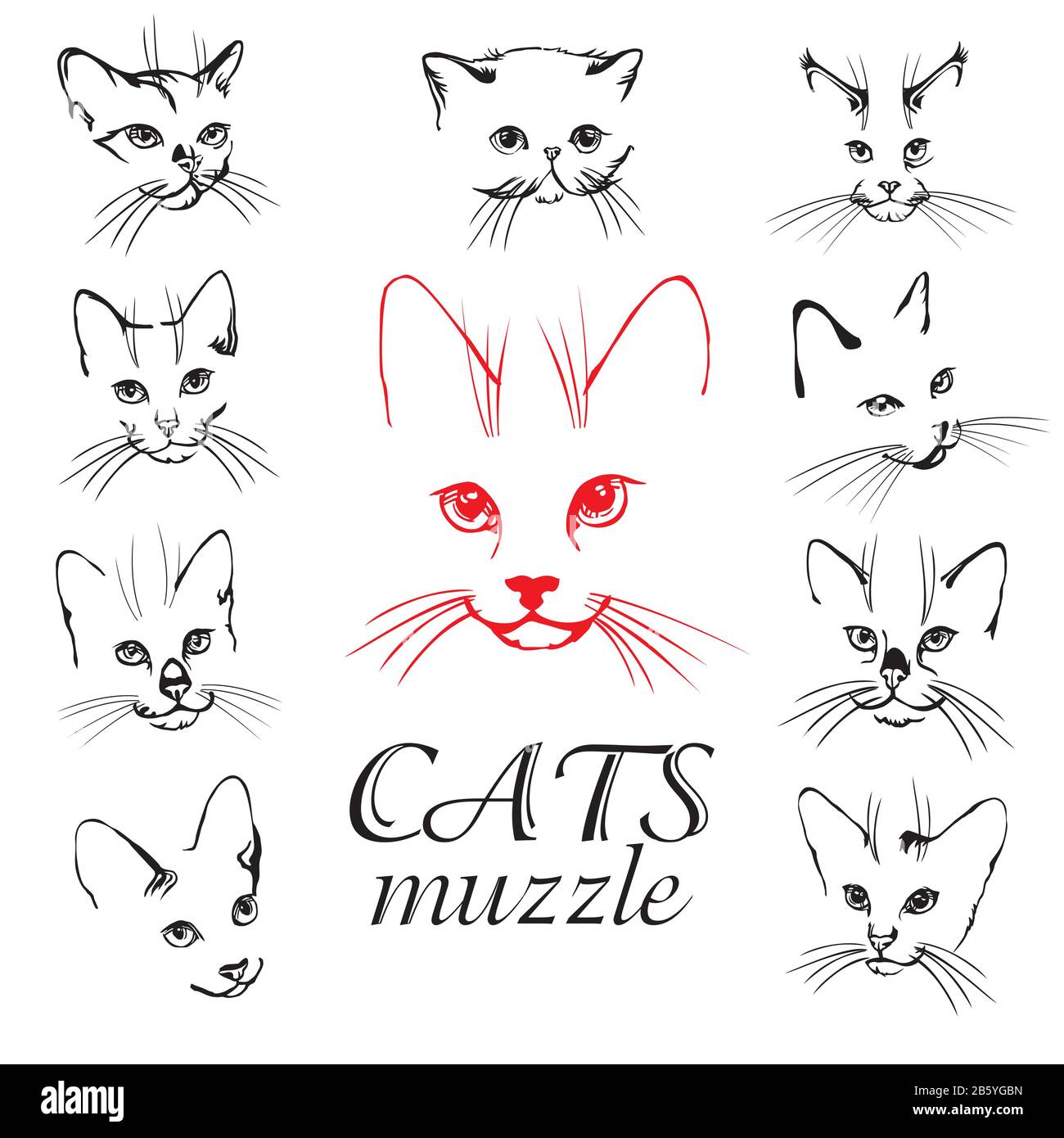 Ensemble d'illustrations vectorielles abstraites du jeu de musele de chats. Étiquette d'icône d'animal abstrait. Fond d'illustration plat avec tête de chat. Objet vectoriel isolé Illustration de Vecteur