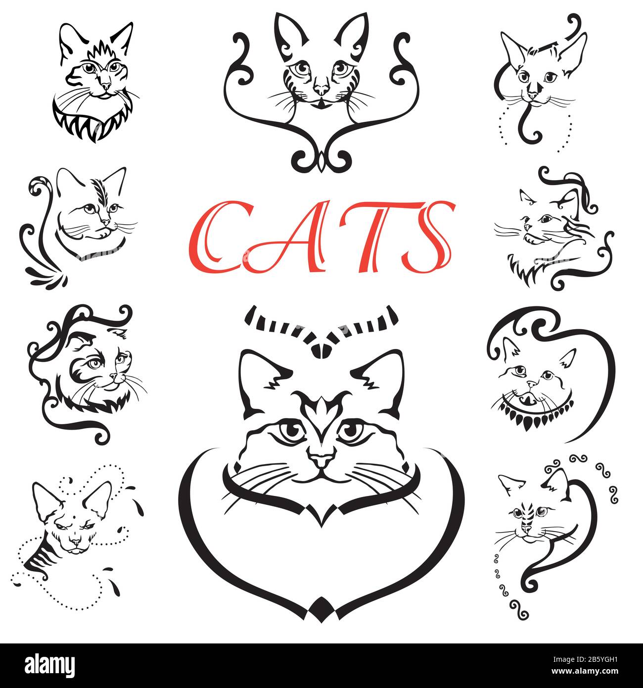 Illustration vectorielle abstraite des chats. Ensemble de chats décoratifs. Étiquette d'icône d'animal abstrait. Fond d'illustration plat avec chat. Isolé v Illustration de Vecteur