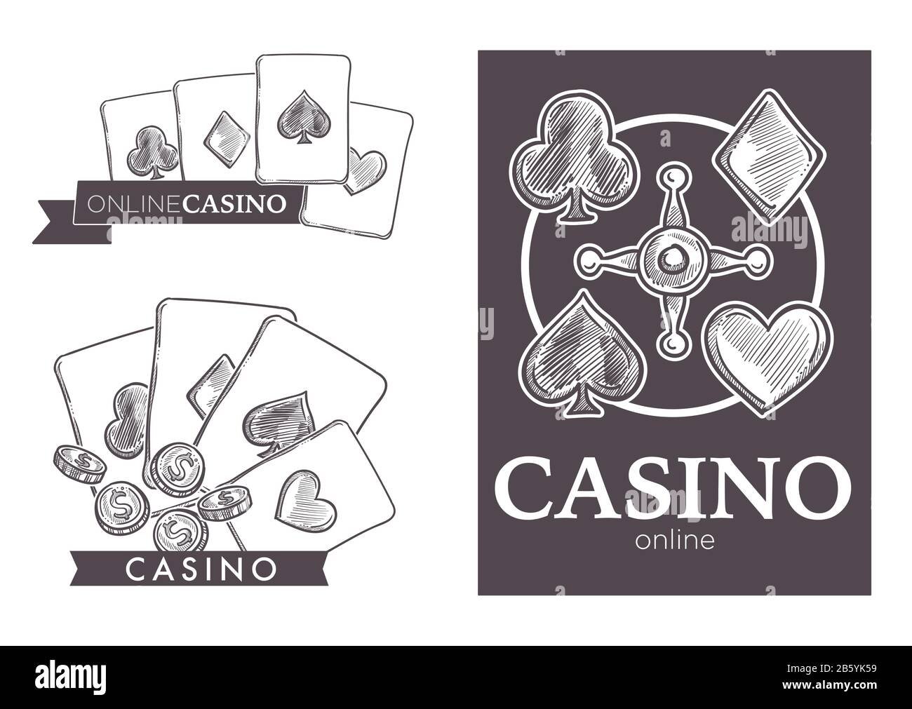 Casino en ligne club isolé des icônes d'esquisse, jeux de jeu, poker et roulette Illustration de Vecteur