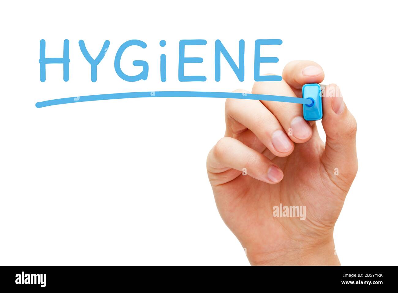 Écrire à la main le mot hygiène avec marqueur bleu sur le tableau de balayage transparent isolé sur fond blanc. Banque D'Images