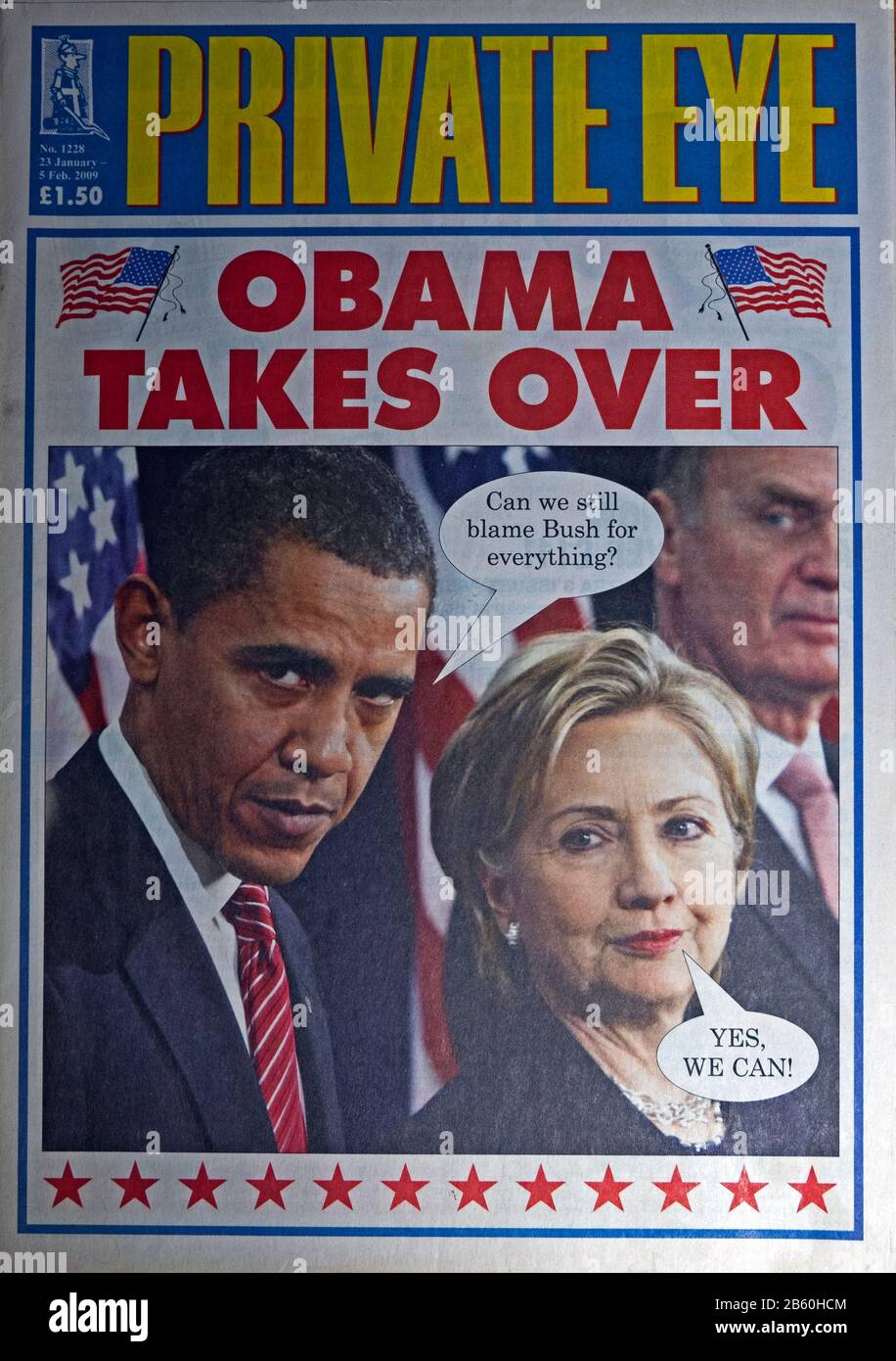 Première couverture du titre du magazine Private Eye « Obama prend Le Relais » avec Hillary Clinton en janvier 2009 Londres Angleterre Royaume-Uni Banque D'Images
