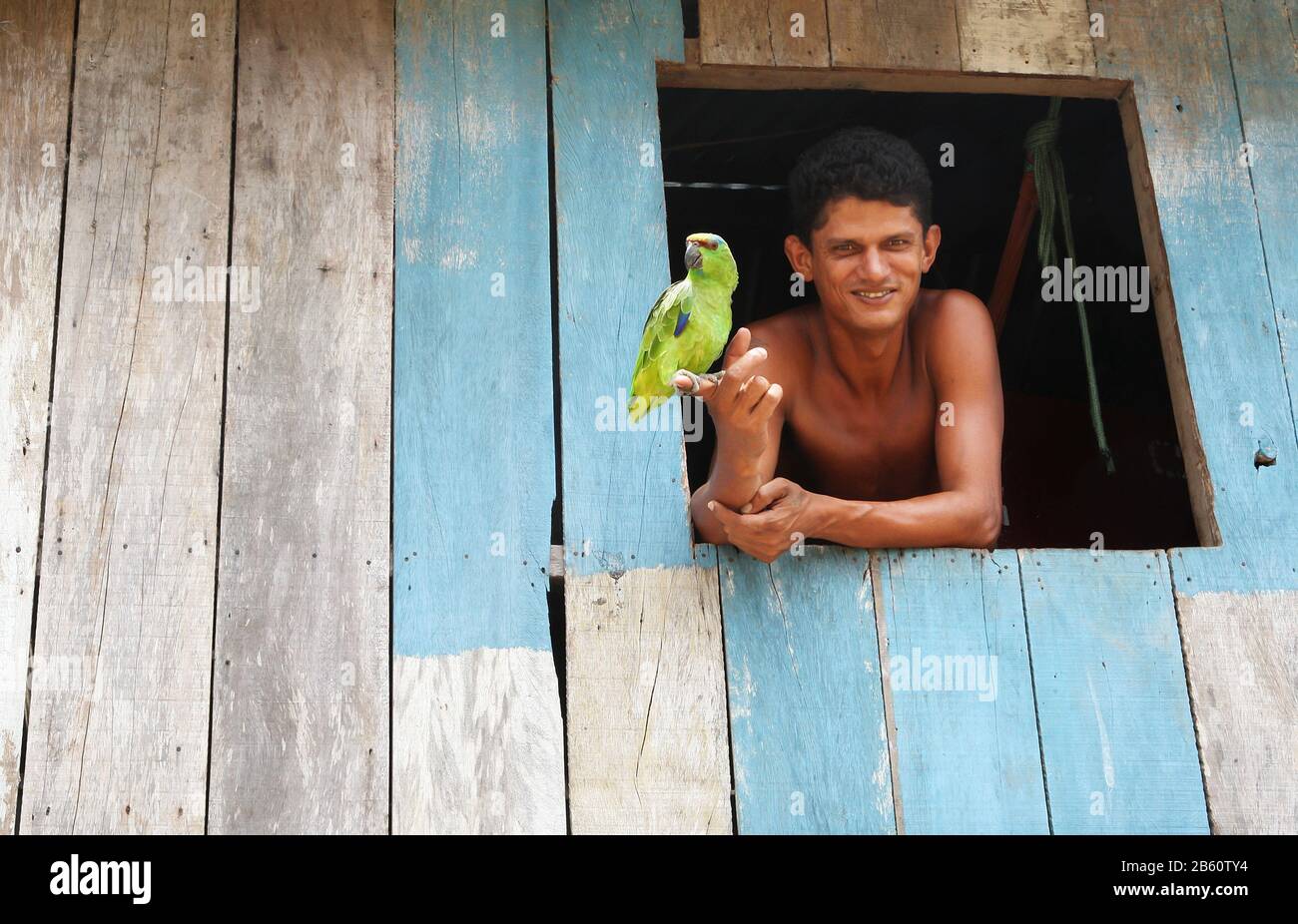 Jeune brésilien et son perroquet Banque D'Images