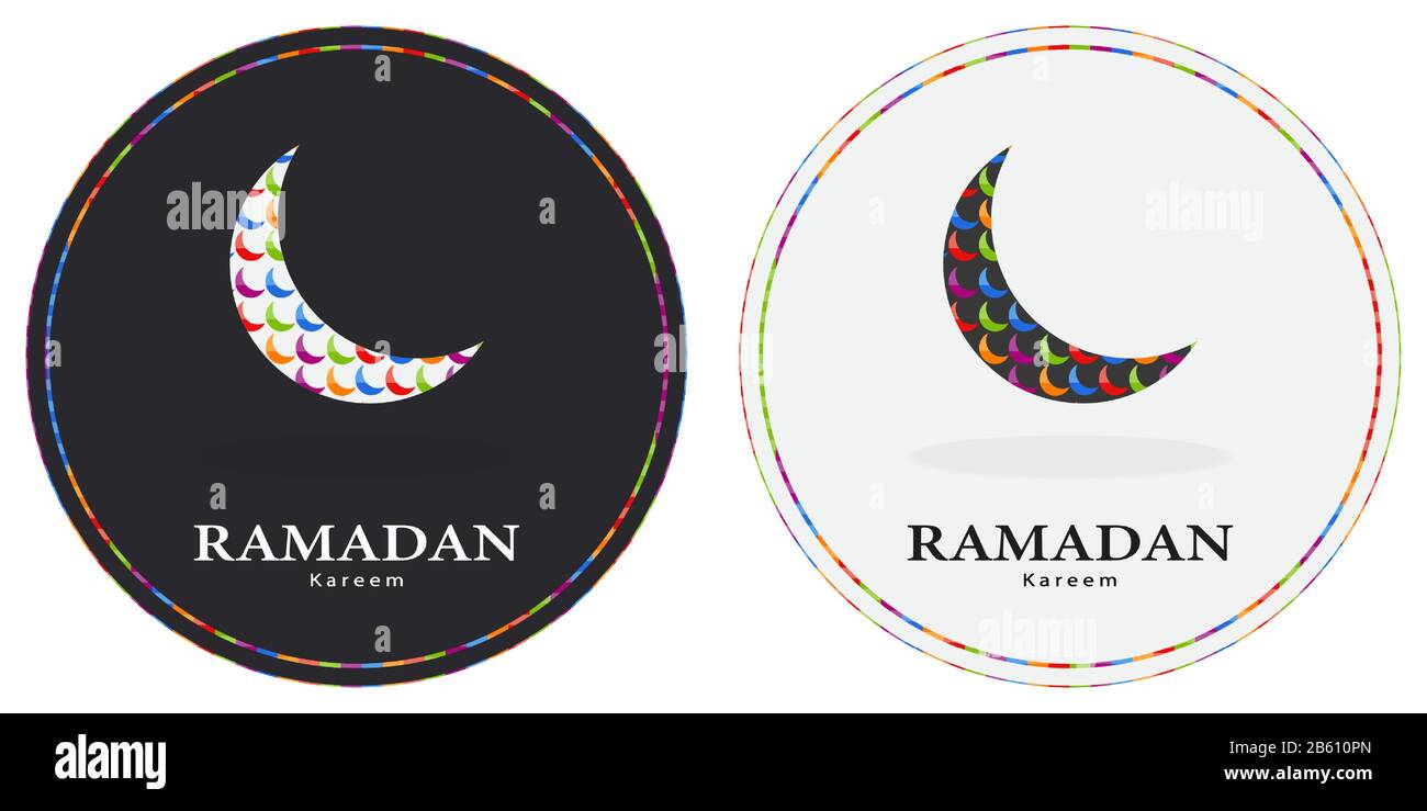 Carte de vœux ronde Ramadan Kareem inscrite en cercle et croissant de symbole islamique coloré avec motif arabe Illustration de Vecteur