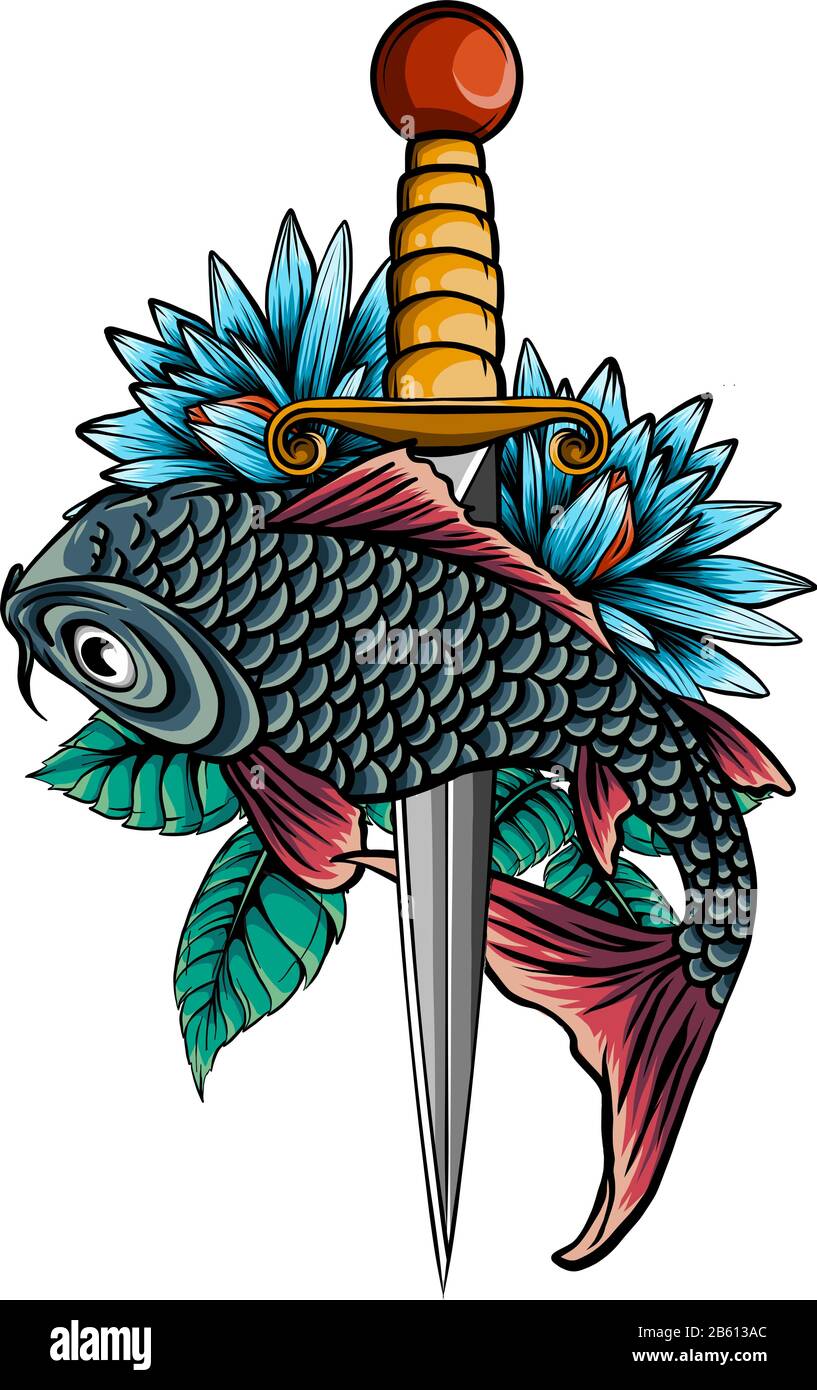 Dessin d'une illustration de style d'esquisse d'un poisson de truite et d'un couteau de cuisinier vu Illustration de Vecteur