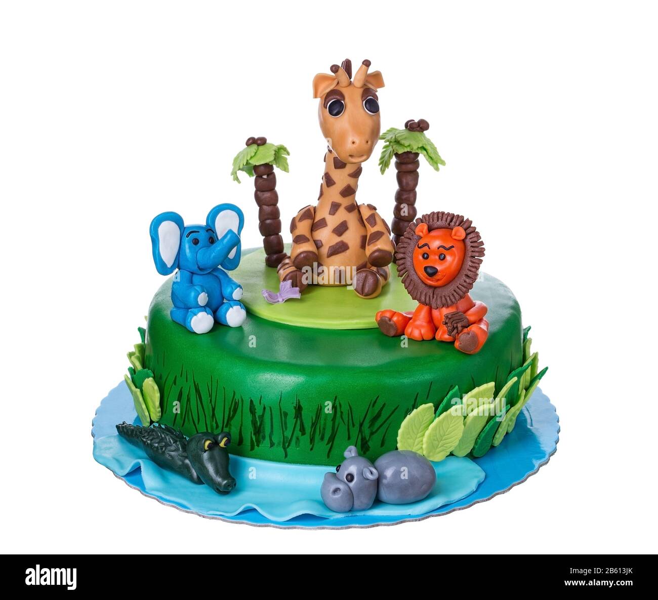 Conte de gâteau décoratif avec des animaux, le jour de la naissance de l'enfant. Sur fond blanc. Banque D'Images