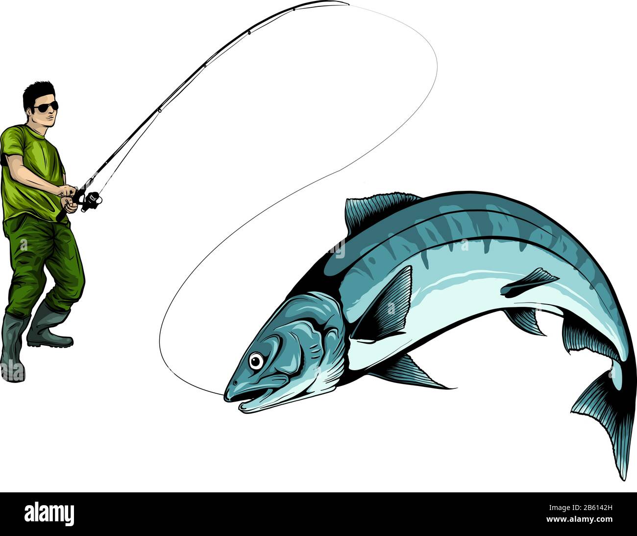 Conception de la pêche pour la lutte antivectorielle. Un pêcheur attrape un voile sur une vague. Illustration de Vecteur