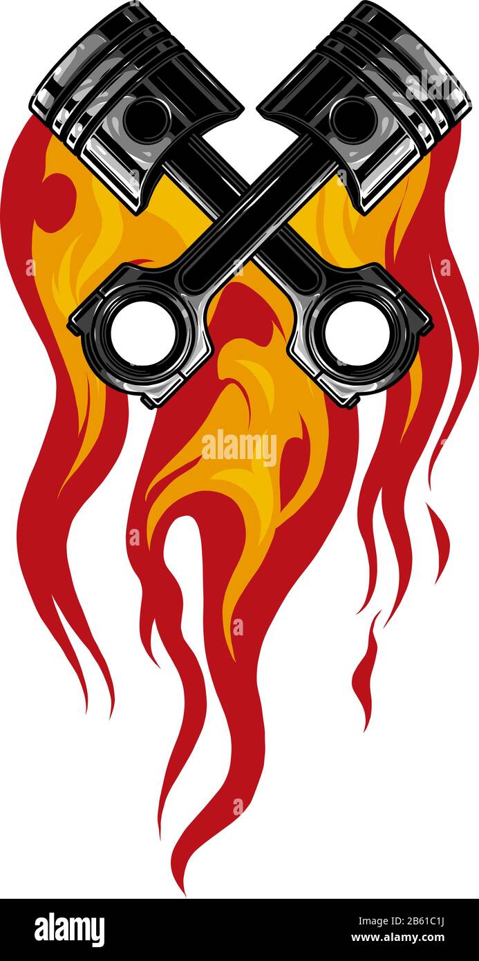 pistons de moteur croisés, bannière et vecteur de conception de tatouage de flamme Illustration de Vecteur