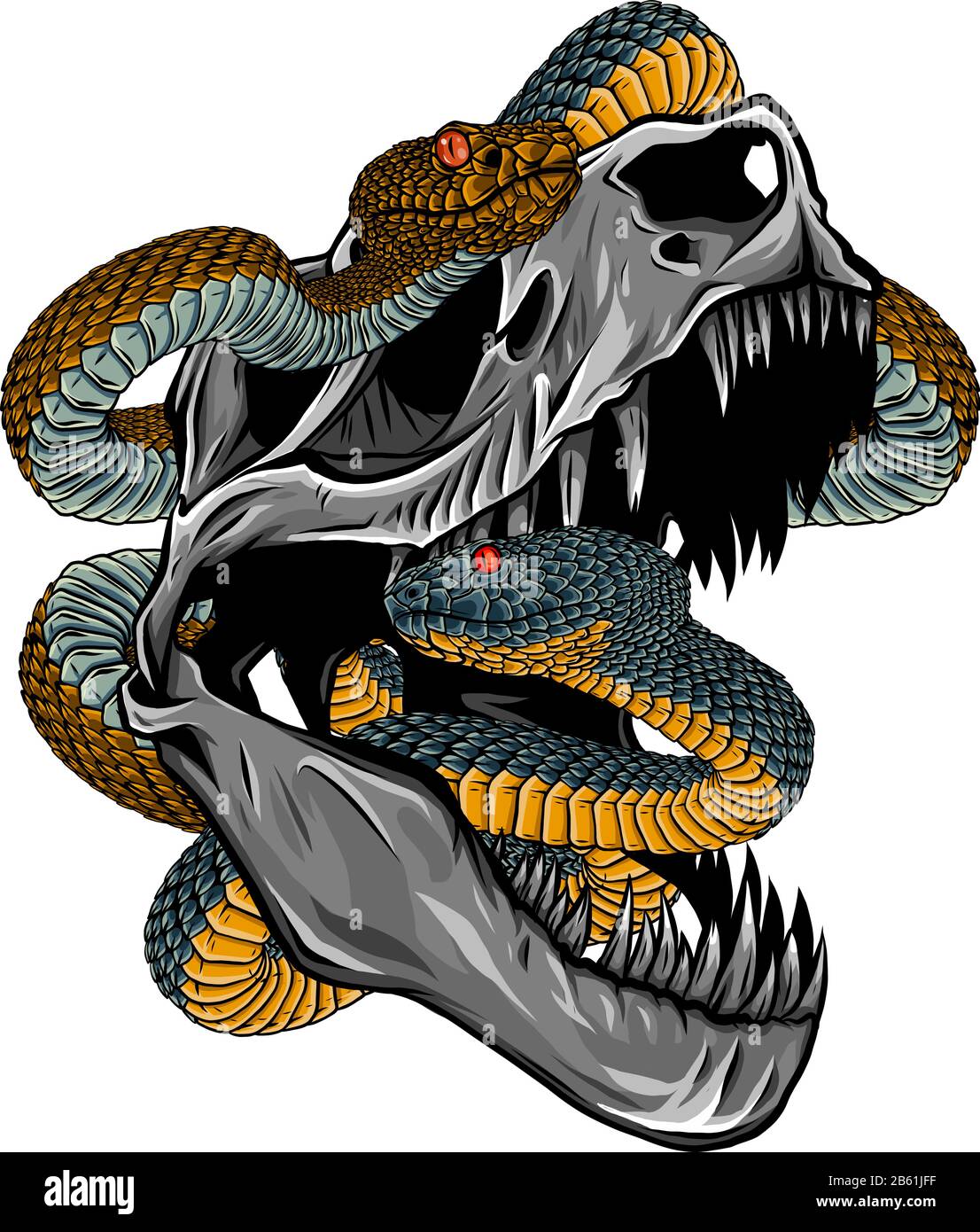 Crâne De Dinosaure. Dessin de T-Rex Skull avec serpent Illustration de Vecteur
