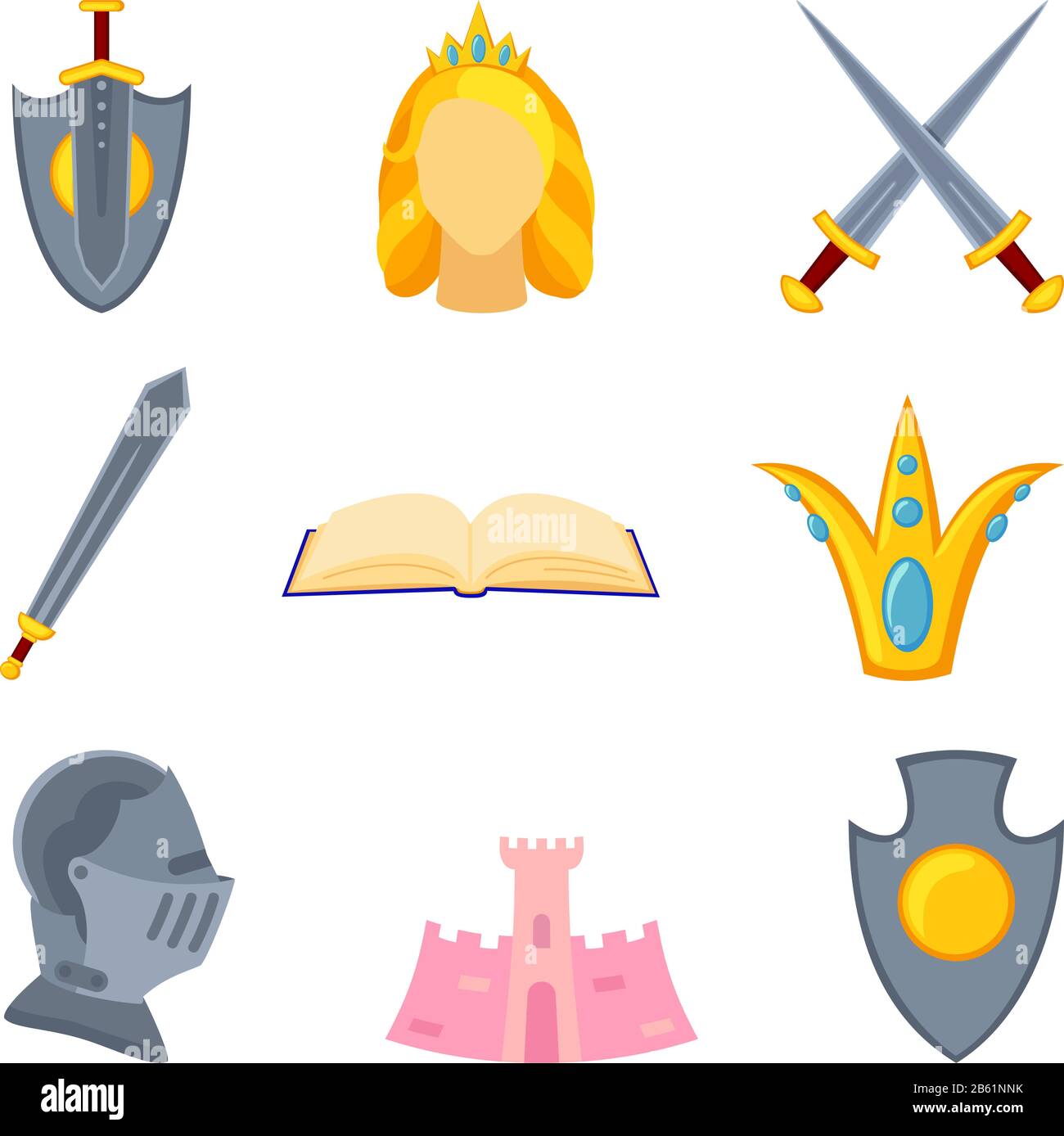 9 éléments colorés de conte de fées de dessin animé. Des fêtes médiévales. Illustration vectorielle de thème de conte de fées pour icône, timbre, étiquette, certificat, carte cadeau, i Illustration de Vecteur 9 éléments colorés de conte de fées de dessin animé. Des fêtes médiévales. Illustration vectorielle de thème de conte de fées pour icône, timbre, étiquette, certificat, carte cadeau, i Illustration de Vecteur