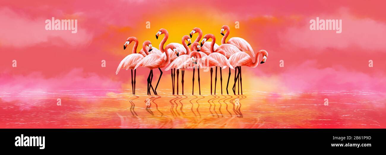 Panorama des flamants roses sur un fond rose vif et coucher de soleil. Illustration de l'art numérique. Banque D'Images